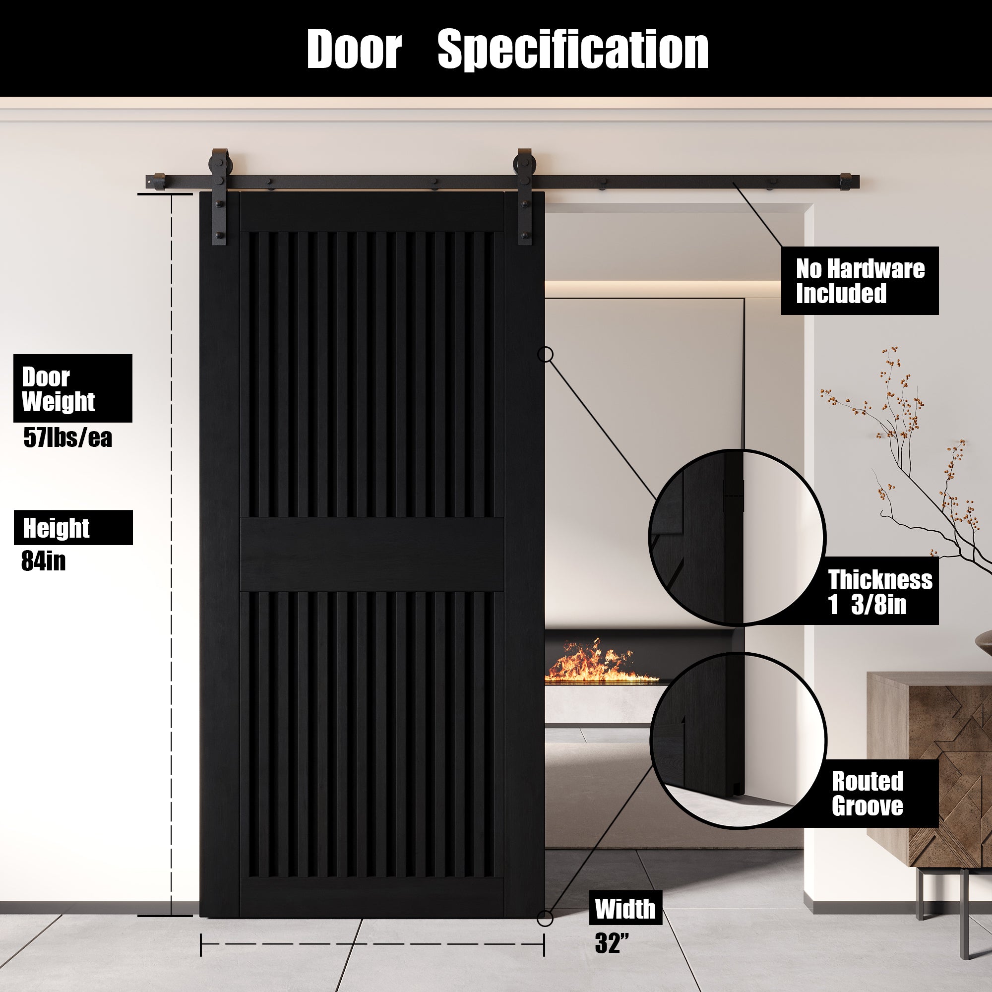 84" Height Black Vertical Stripe Design Unassembled & Finished Pine Wood Barn Door (Interior Use Only)