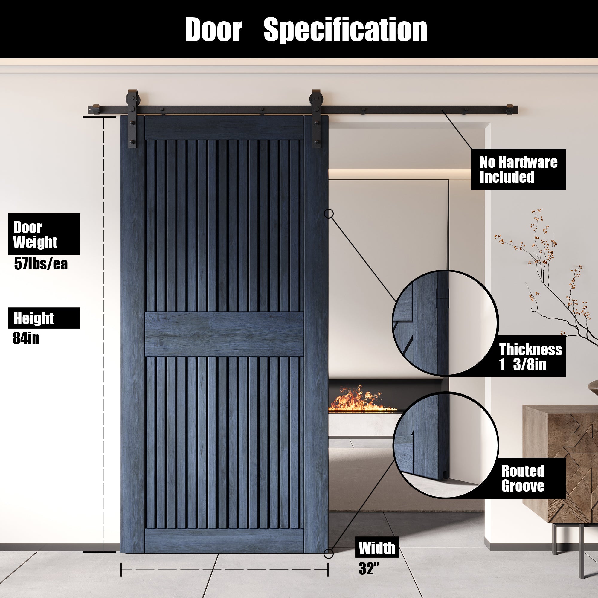 84" Height Navy Vertical Stripe Design Unassembled & Finished Pine Wood Barn Door (Interior Use Only)