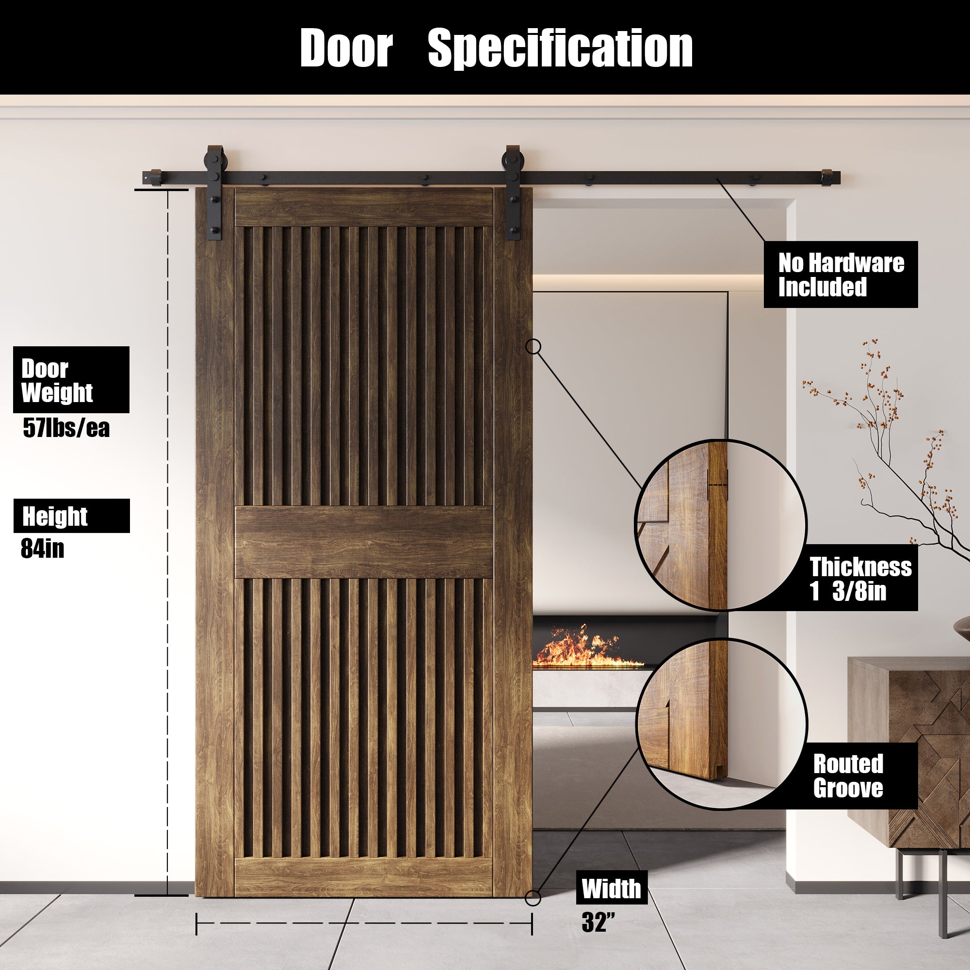 84" Height Dark Walnut Vertical Stripe Design Unassembled & Finished Pine Wood Barn Door (Interior Use Only)
