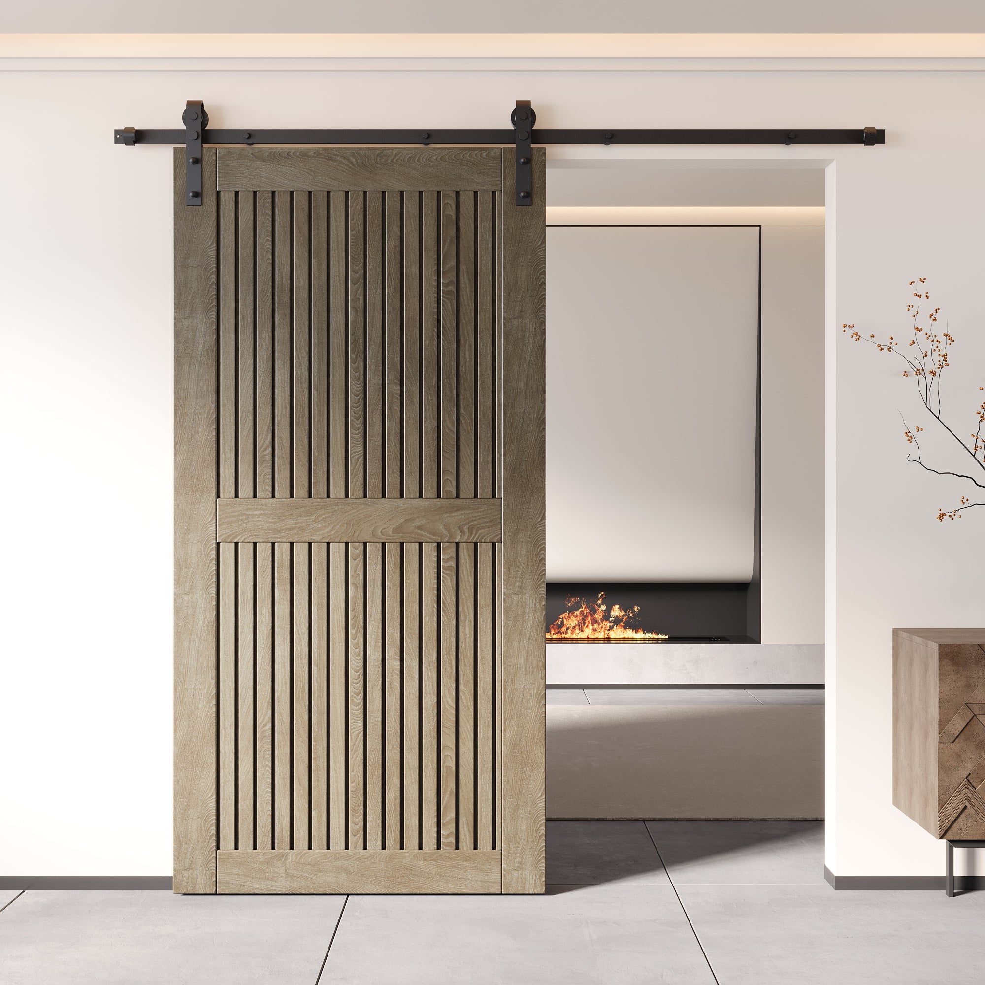 80" Height Classic Gray Vertical Stripe Design Unassembled & Finished Pine Wood Barn Door (Interior Use Only)