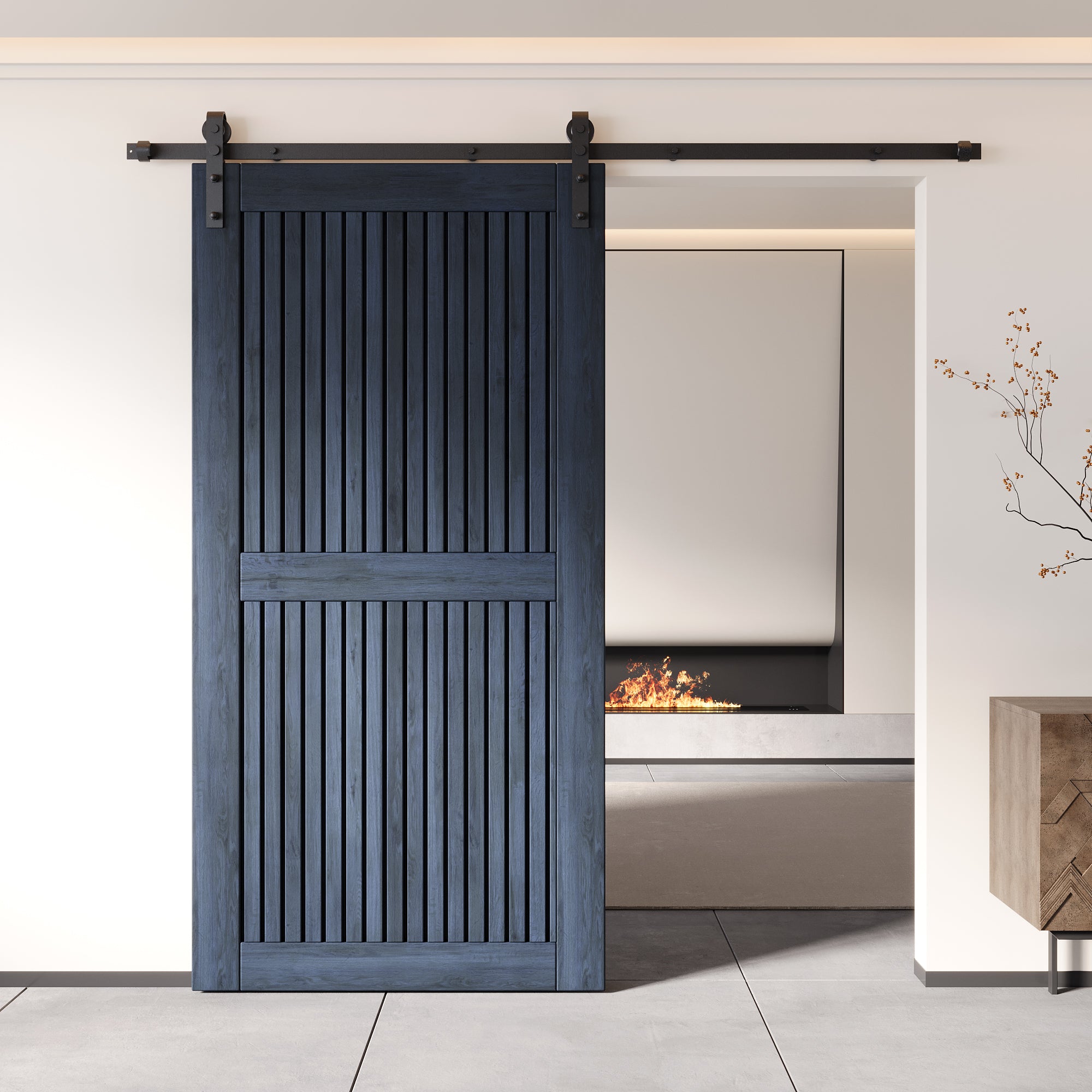 80" Height Navy Vertical Stripe Design Unassembled & Finished Pine Wood Barn Door (Interior Use Only)