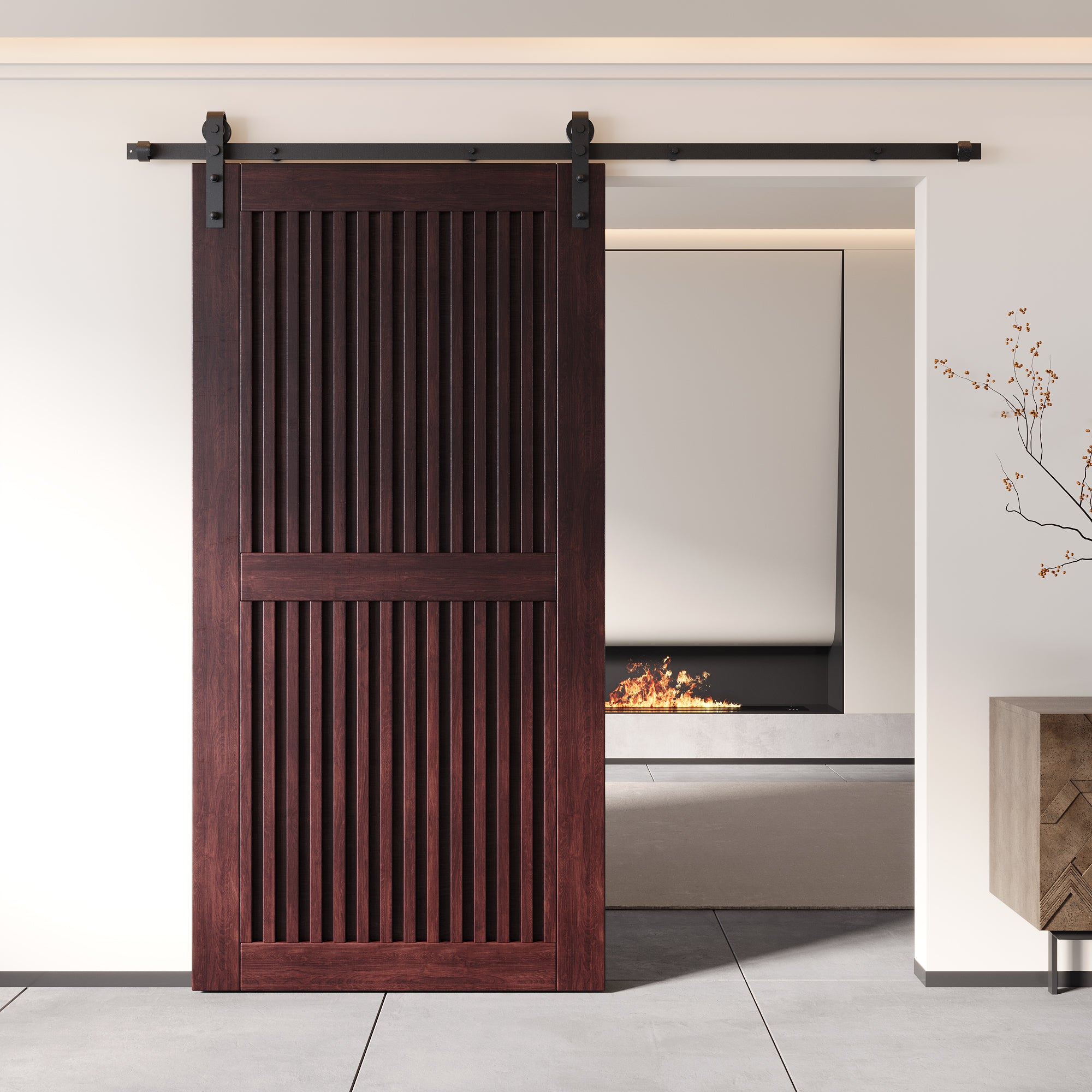 80" Height Red Mahogany Vertical Stripe Design Unassembled & Finished Pine Wood Barn Door (Interior Use Only)