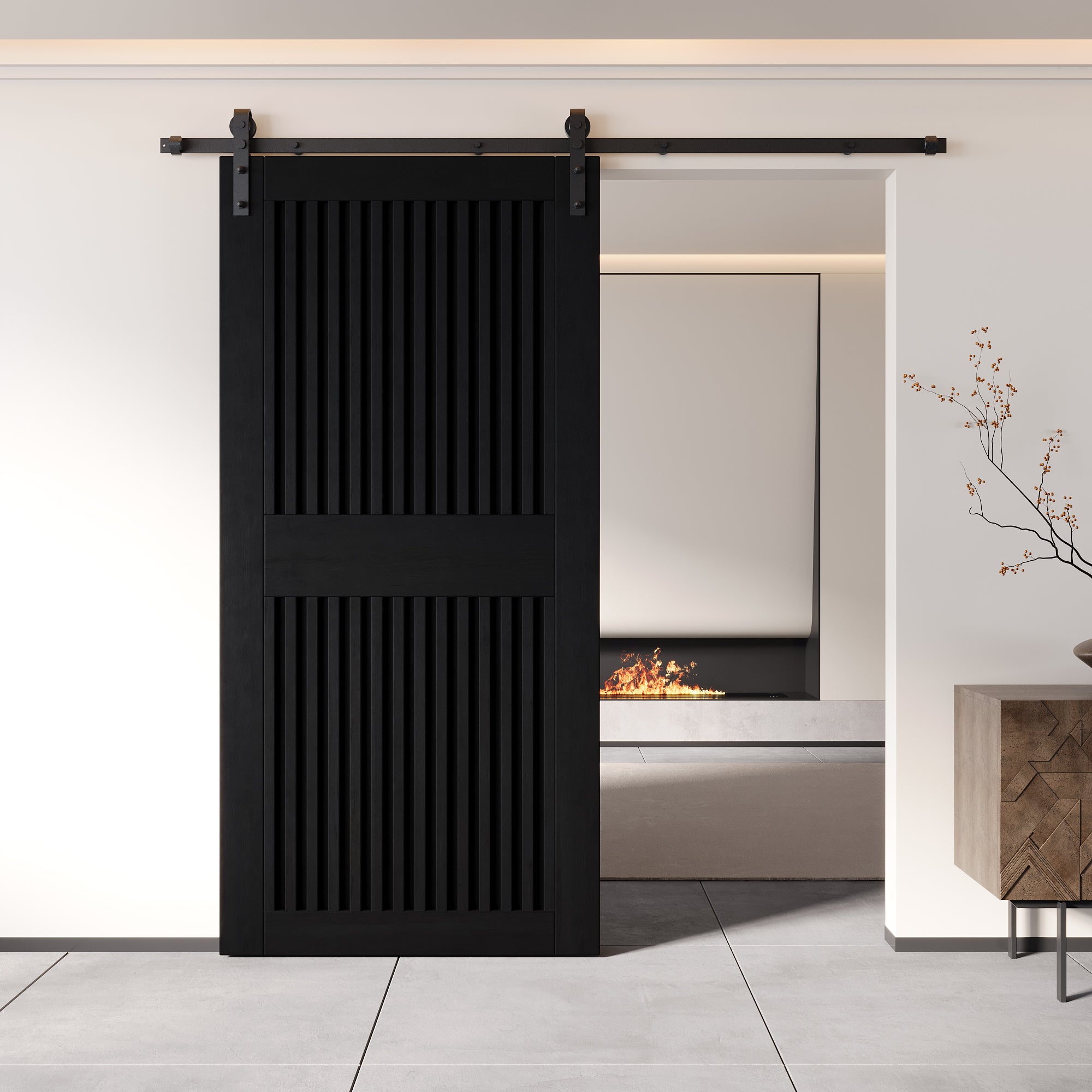 84" Height Black Vertical Stripe Design Unassembled & Finished Pine Wood Barn Door (Interior Use Only)