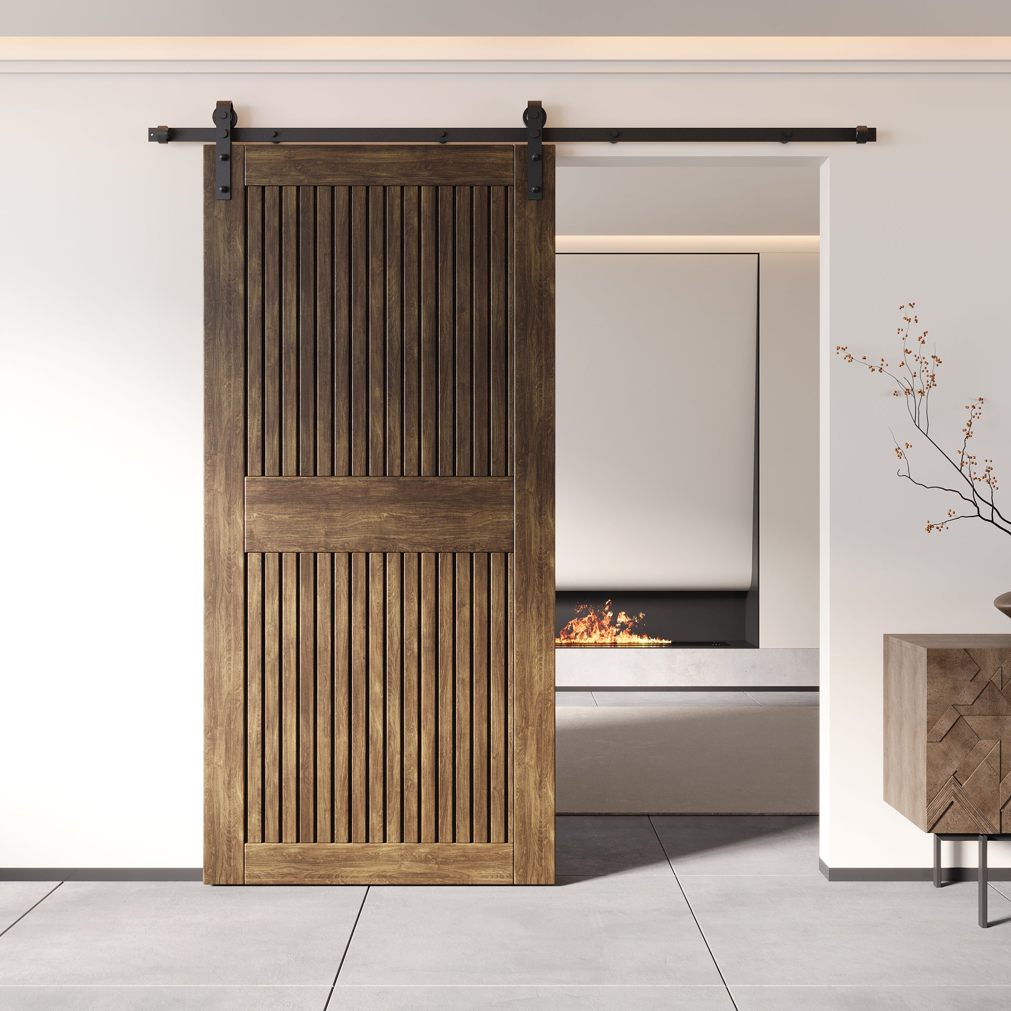 84" Height Dark Walnut Vertical Stripe Design Unassembled & Finished Pine Wood Barn Door (Interior Use Only)