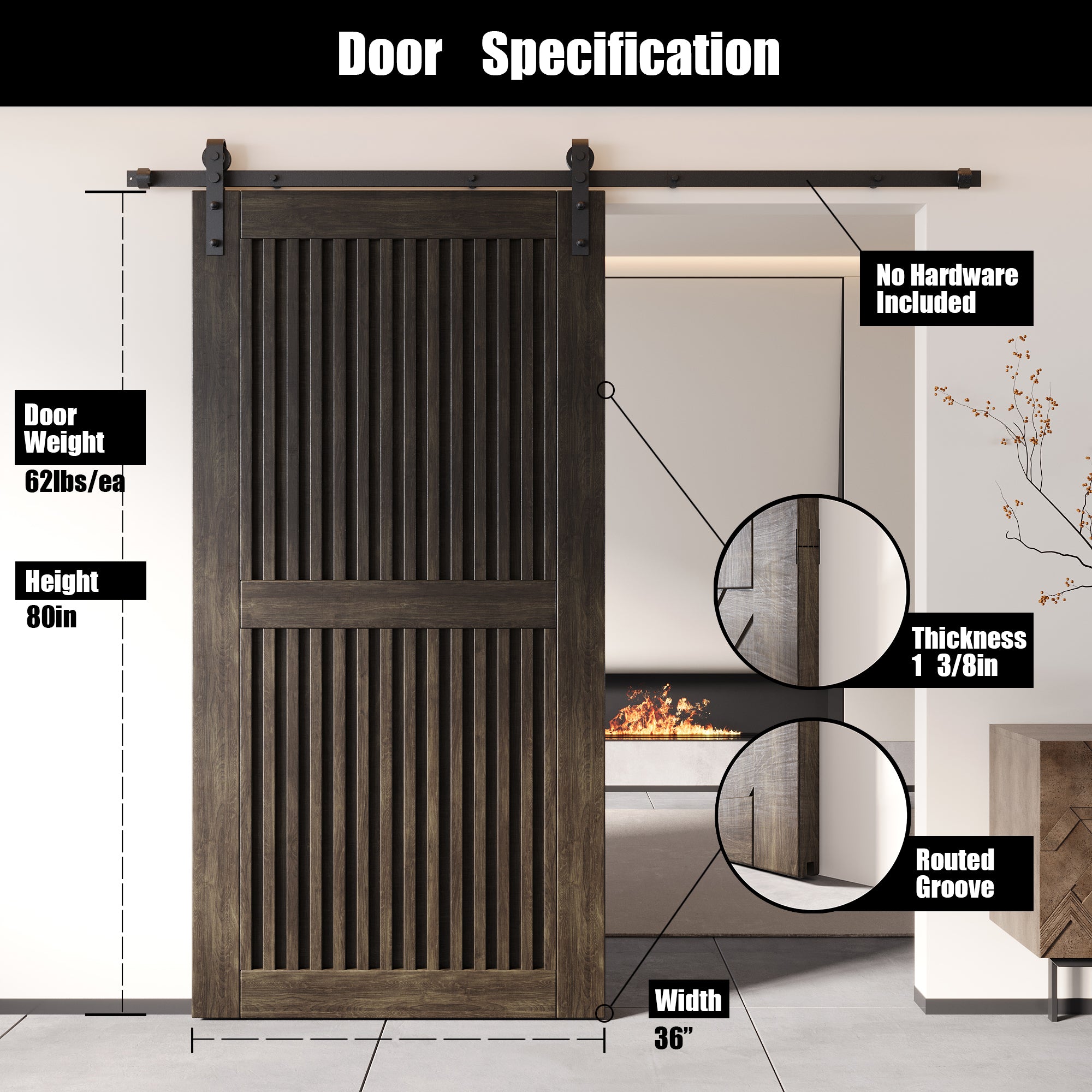 80" Height Ebony Vertical Stripe Design Unassembled & Finished Pine Wood Barn Door (Interior Use Only)