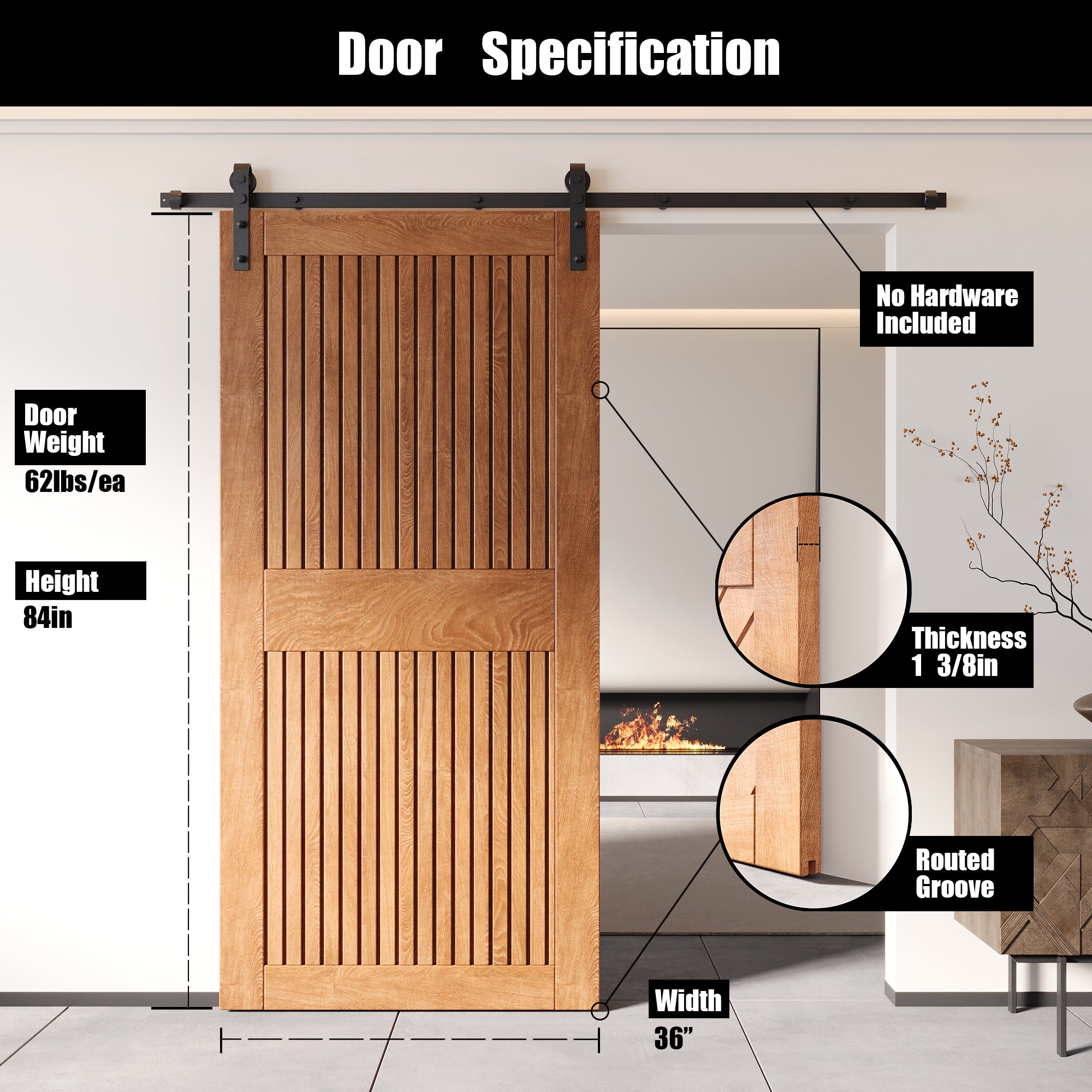 84" Height Early American Vertical Stripe Design Unassembled & Finished Pine Wood Barn Door (Interior Use Only)