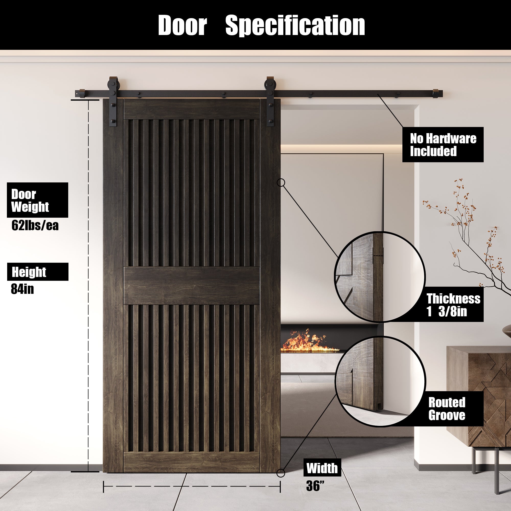 84" Height Ebony Vertical Stripe Design Unassembled & Finished Pine Wood Barn Door (Interior Use Only)