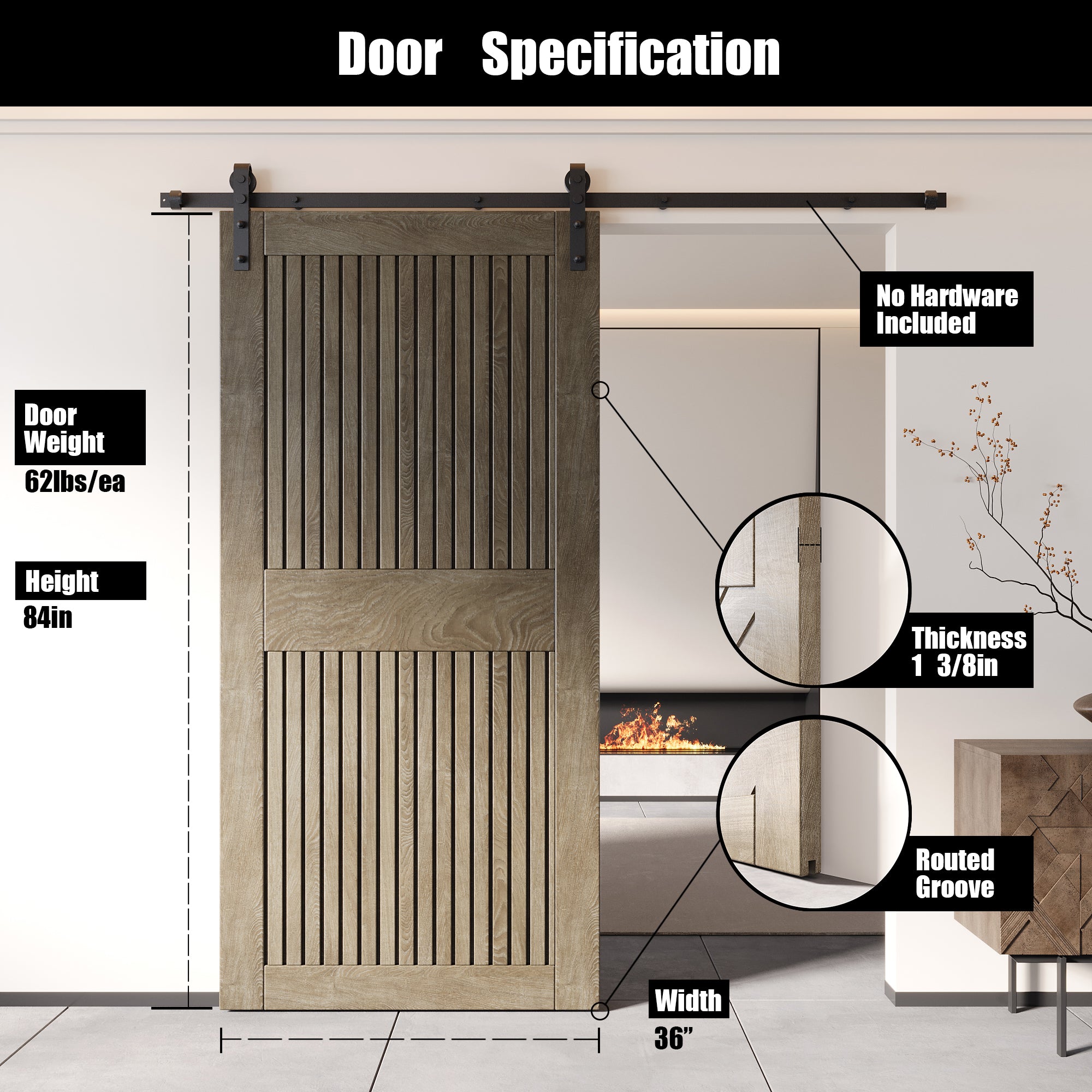 84" Height Classic Gray Vertical Stripe Design Unassembled & Finished Pine Wood Barn Door (Interior Use Only)