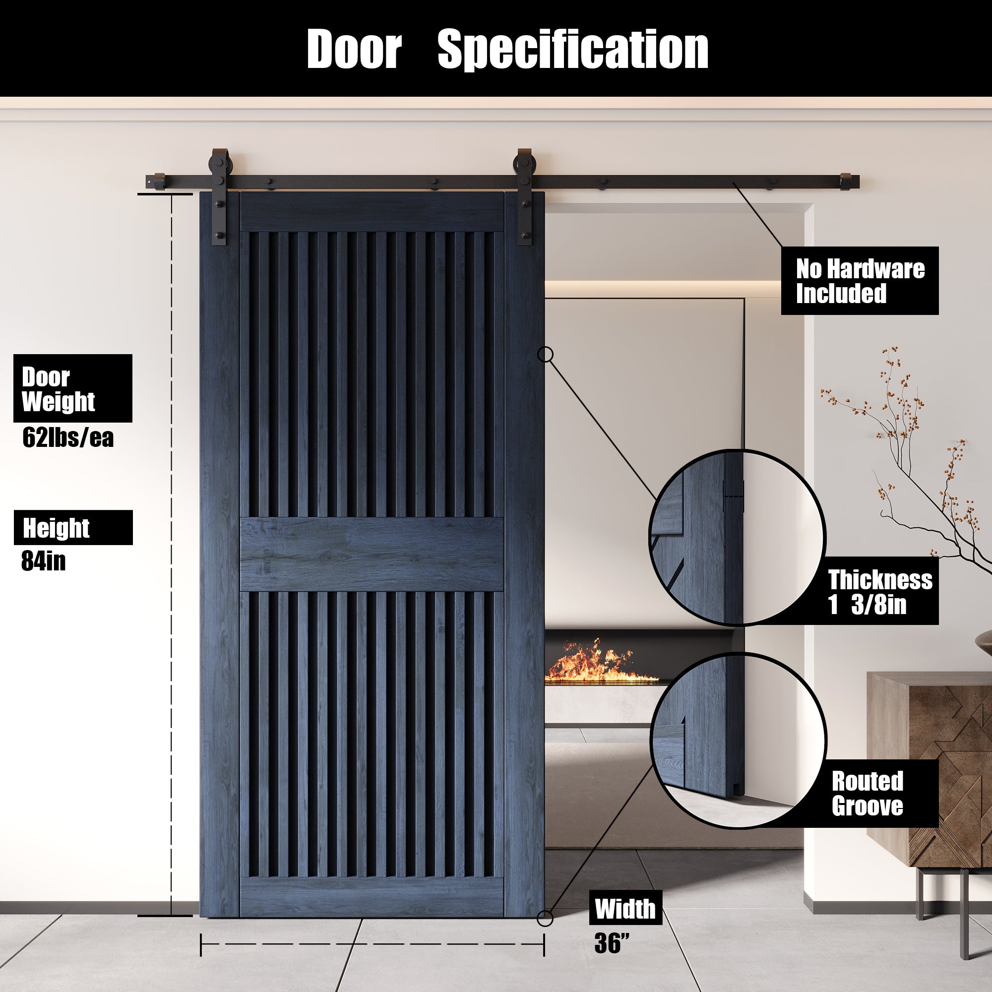 84" Height Navy Vertical Stripe Design Unassembled & Finished Pine Wood Barn Door (Interior Use Only)