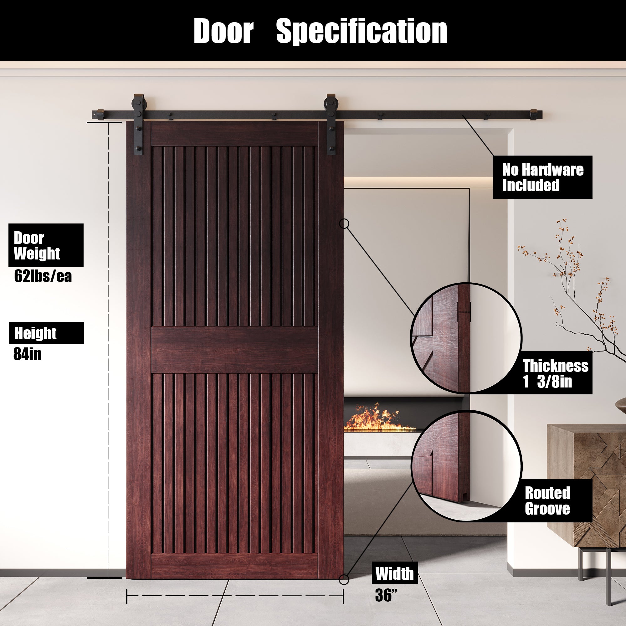 84" Height Red Mahogany Vertical Stripe Design Unassembled & Finished Pine Wood Barn Door (Interior Use Only)
