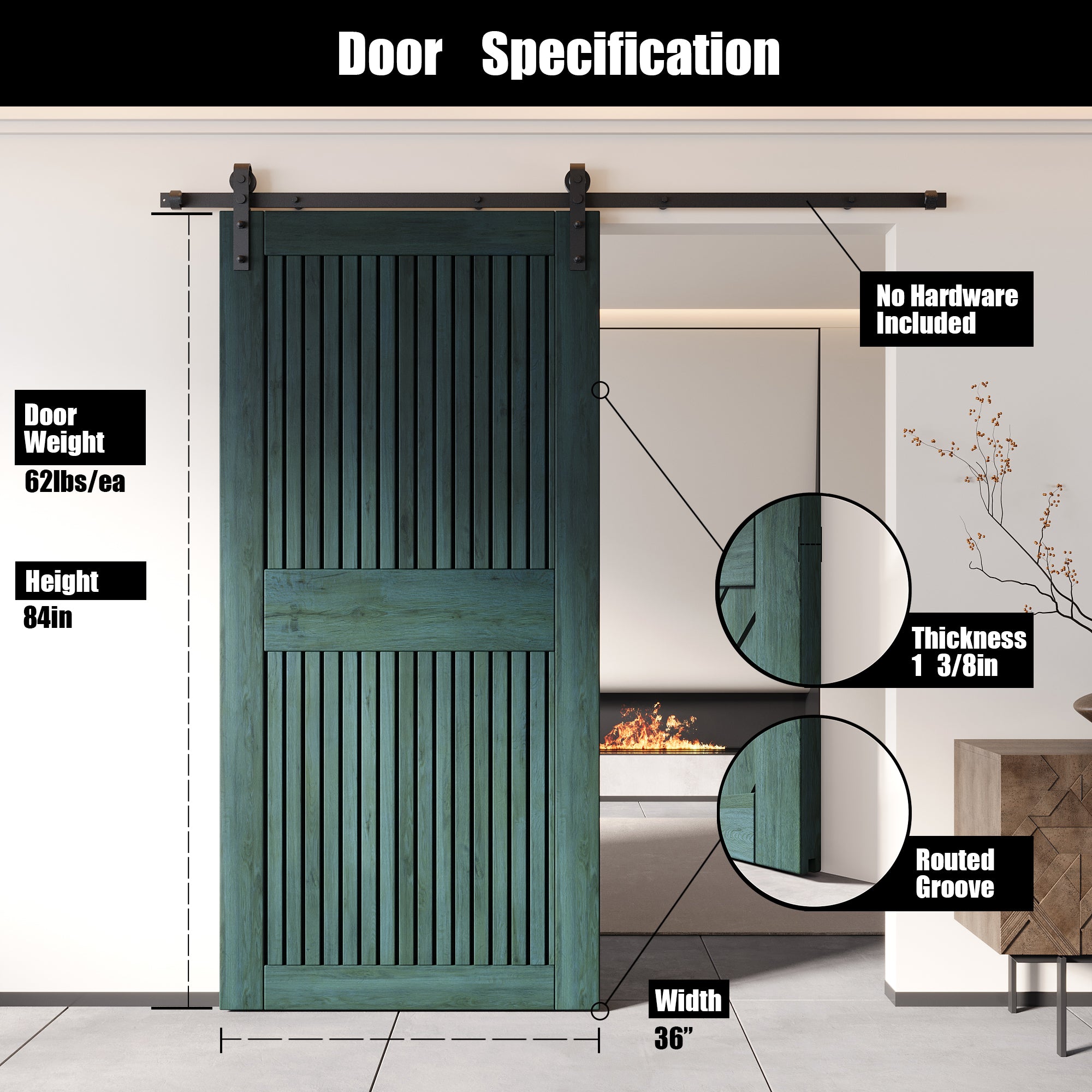 84" Height Royal Pine Vertical Stripe Design Unassembled & Finished Pine Wood Barn Door (Interior Use Only)