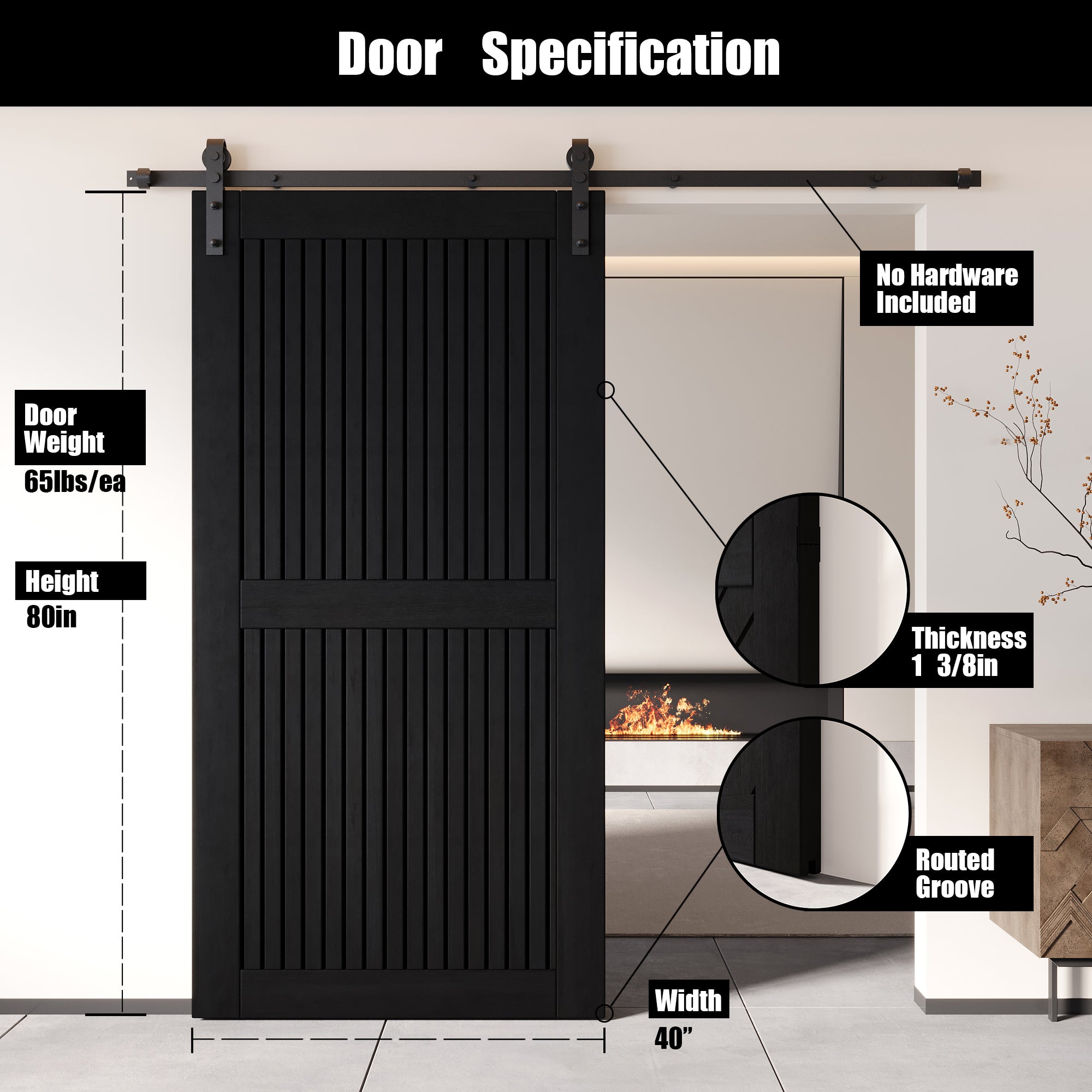 80" Height Black Vertical Stripe Design Unassembled & Finished Pine Wood Barn Door (Interior Use Only)