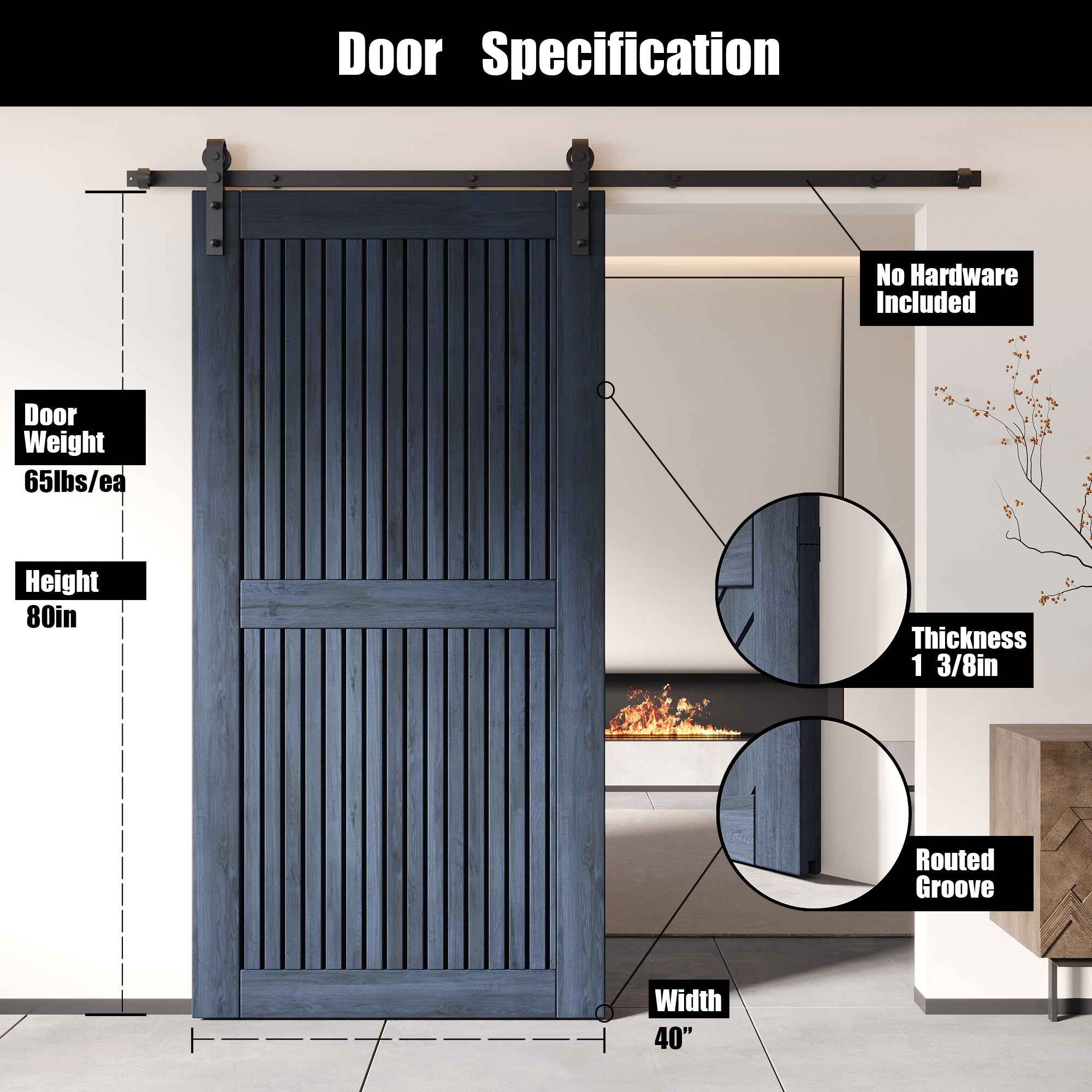 80" Height Navy Vertical Stripe Design Unassembled & Finished Pine Wood Barn Door (Interior Use Only)