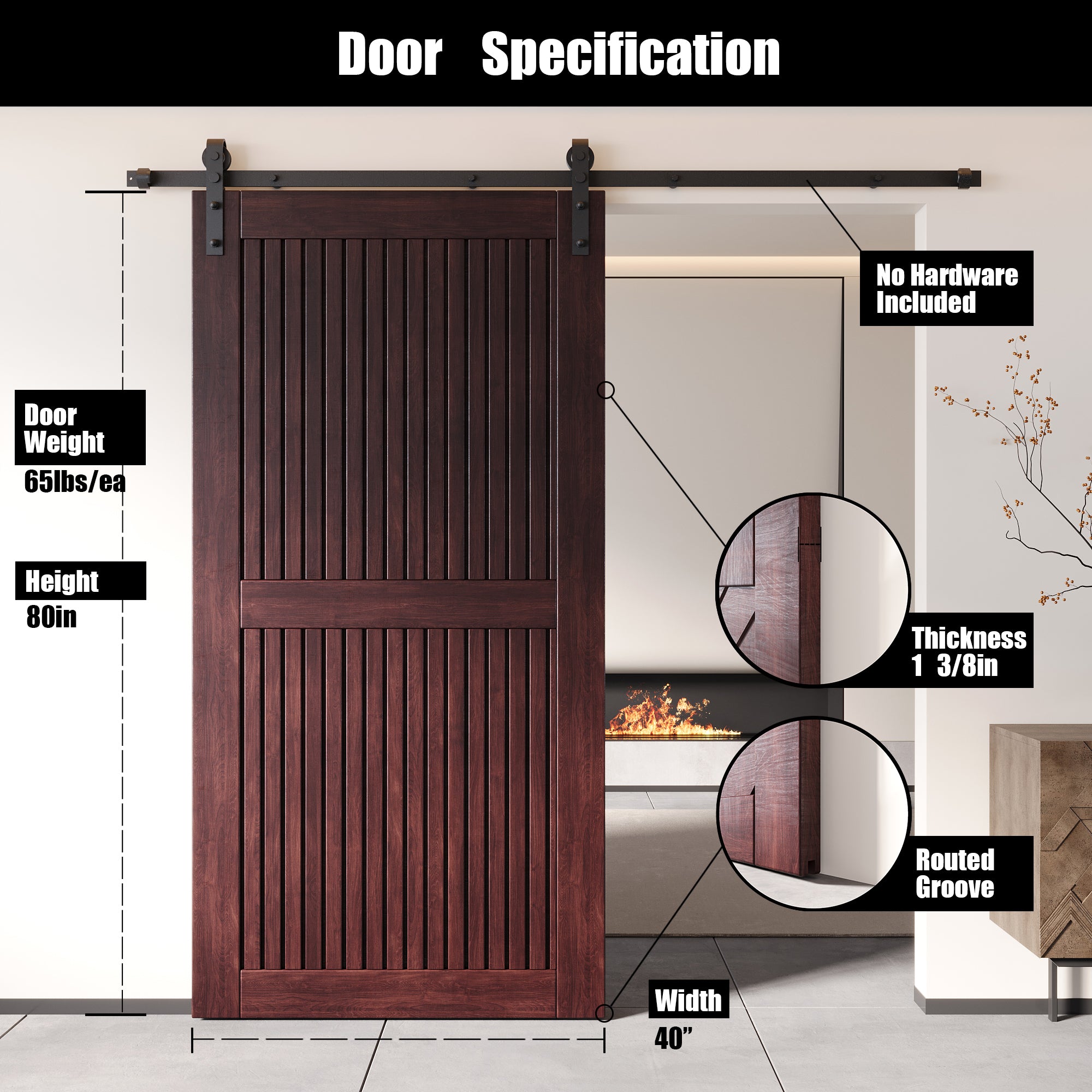 80" Height Red Mahogany Vertical Stripe Design Unassembled & Finished Pine Wood Barn Door (Interior Use Only)