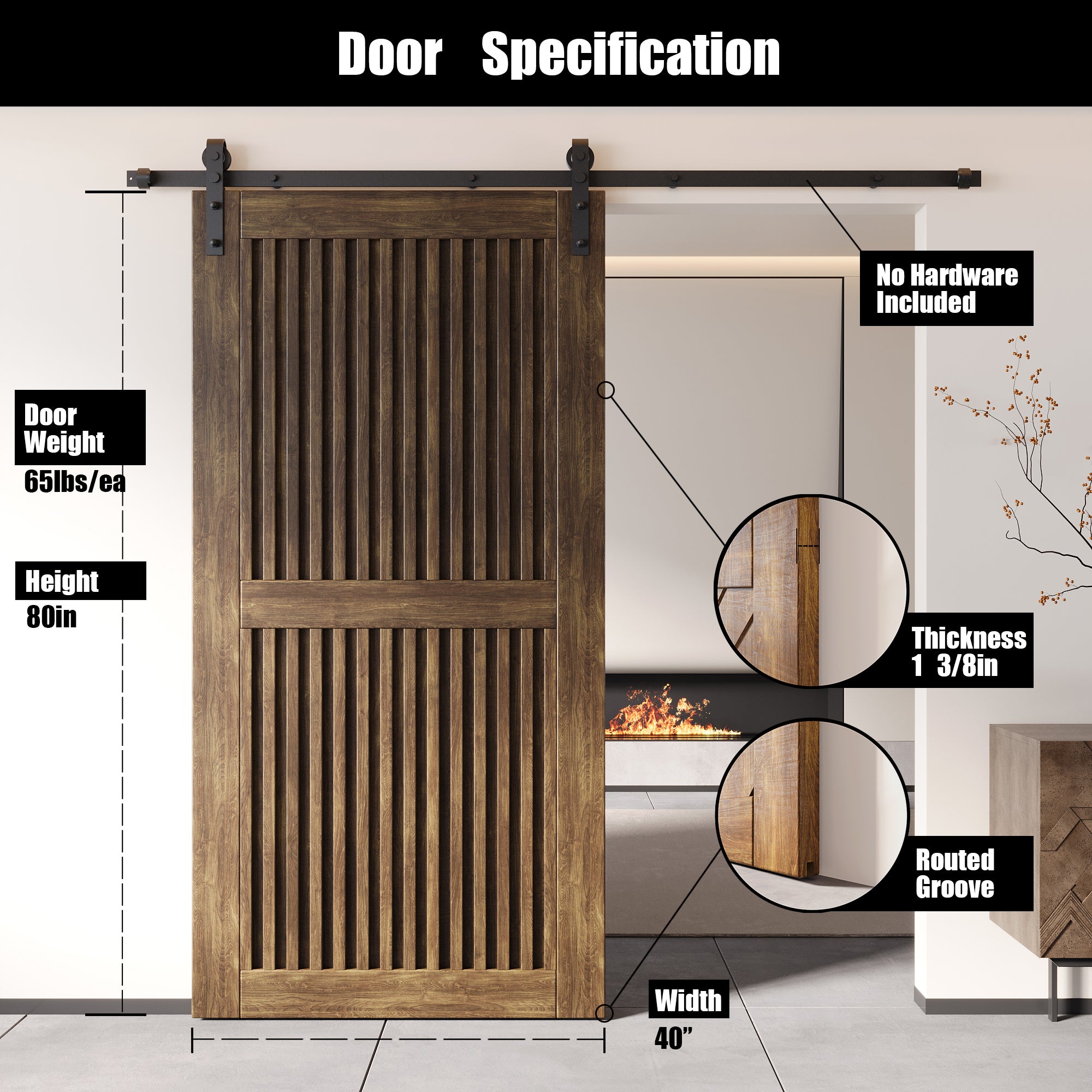 80" Height Dark Walnut Vertical Stripe Design Unassembled & Finished Pine Wood Barn Door (Interior Use Only)