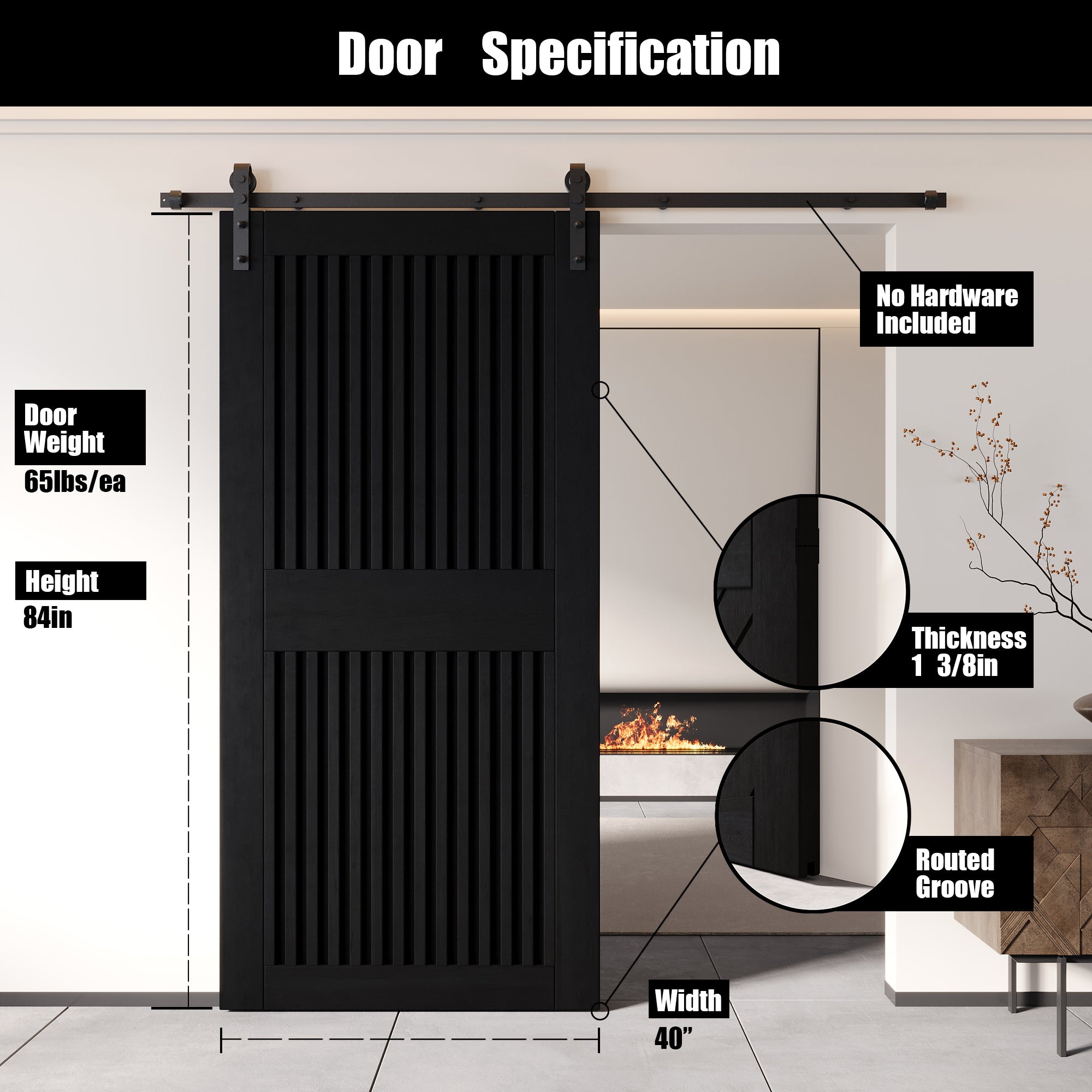 84" Height Black Vertical Stripe Design Unassembled & Finished Pine Wood Barn Door (Interior Use Only)