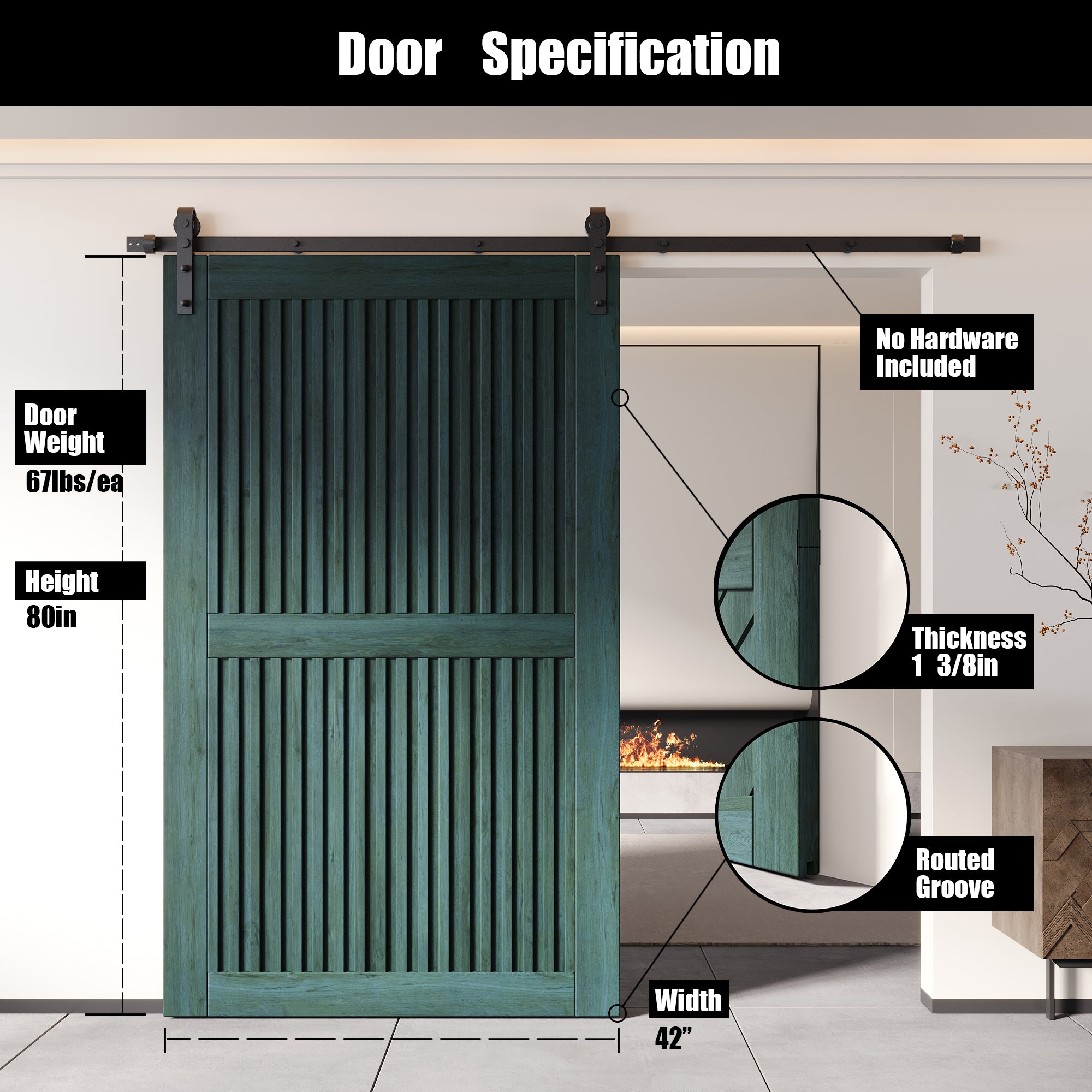 80" Height Royal Pine Vertical Stripe Design Unassembled & Finished Pine Wood Barn Door (Interior Use Only)