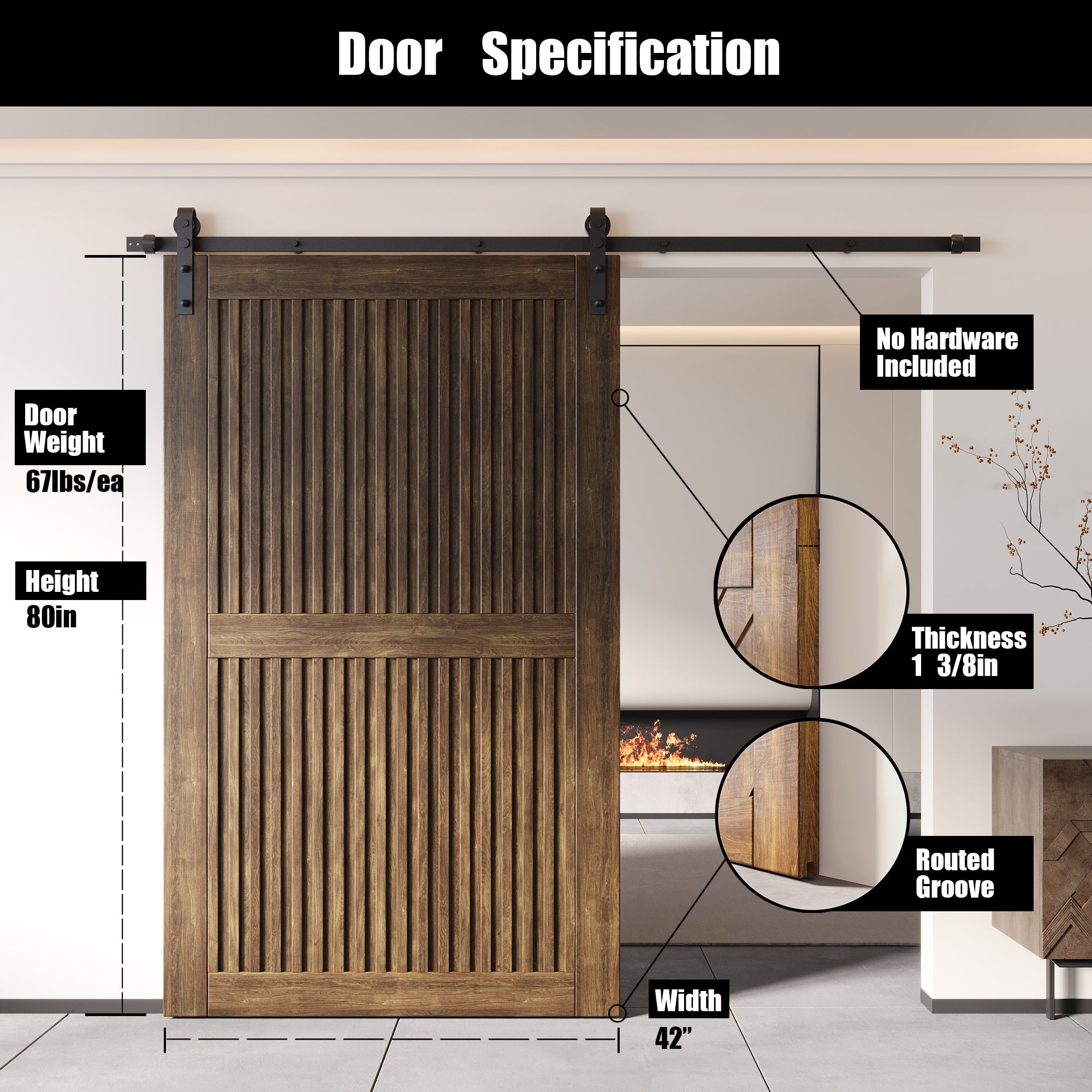 80" Height Dark Walnut Vertical Stripe Design Unassembled & Finished Pine Wood Barn Door (Interior Use Only)