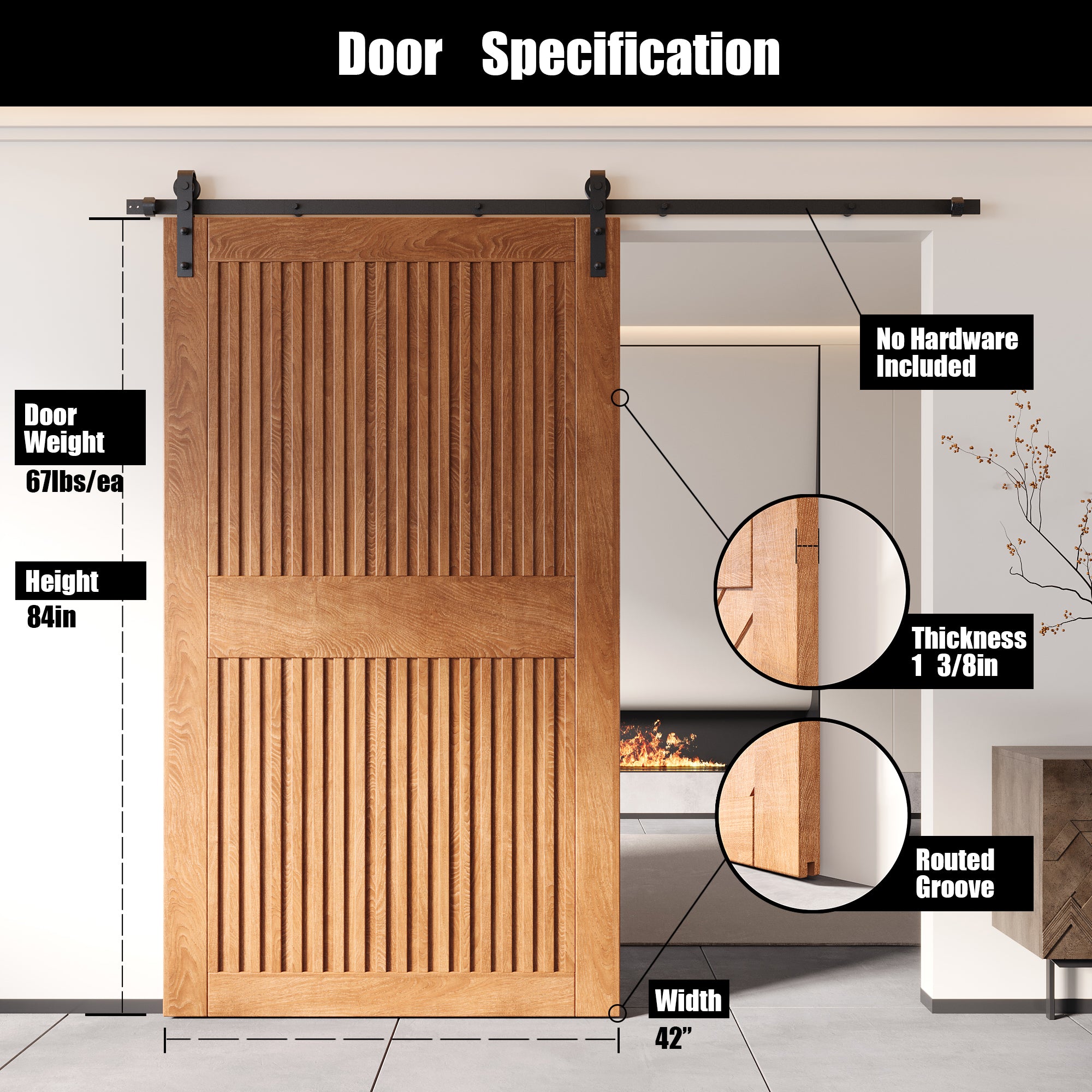 84" Height Early American Vertical Stripe Design Unassembled & Finished Pine Wood Barn Door (Interior Use Only)