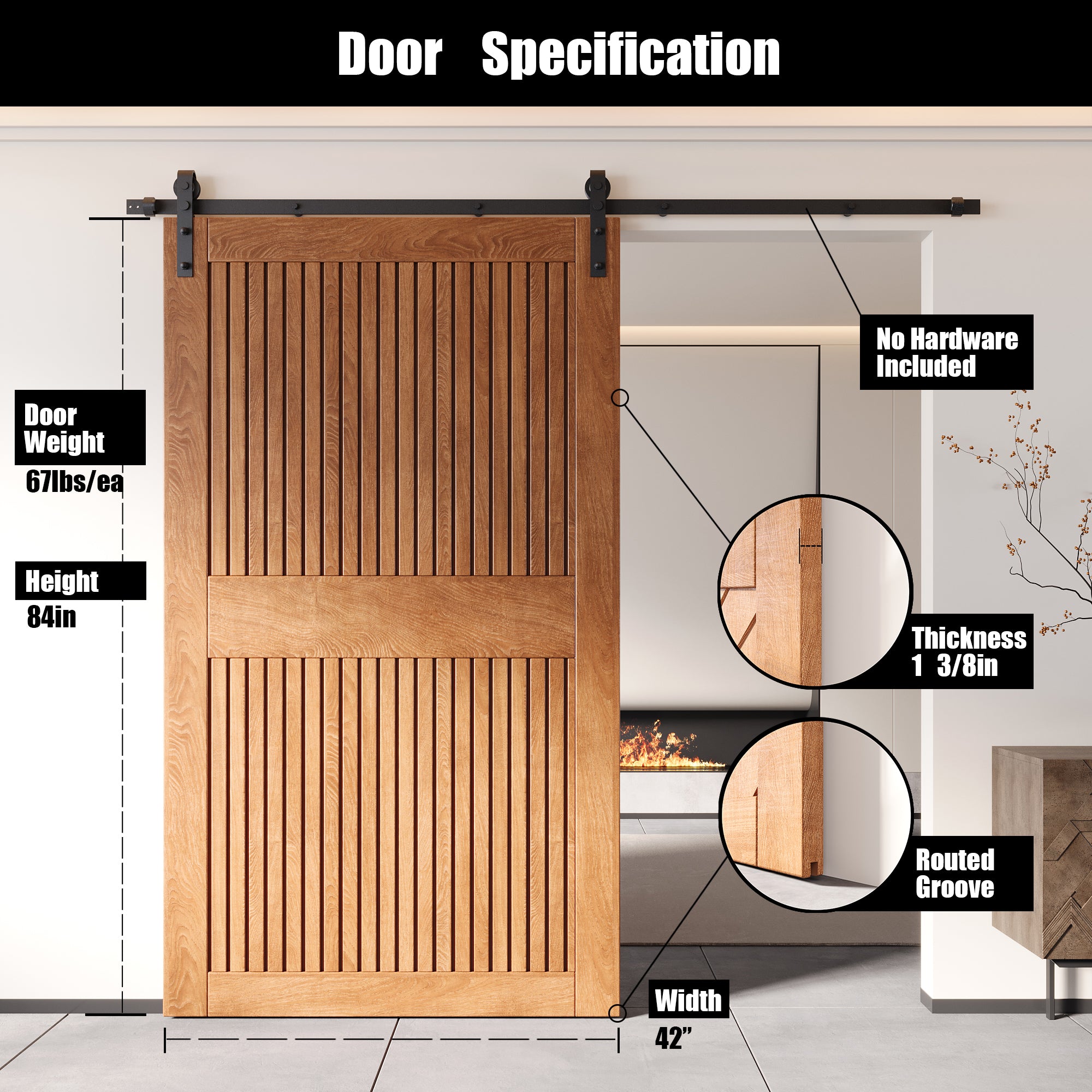 84" Height Early American Vertical Stripe Design Unassembled & Finished Pine Wood Barn Door (Interior Use Only)