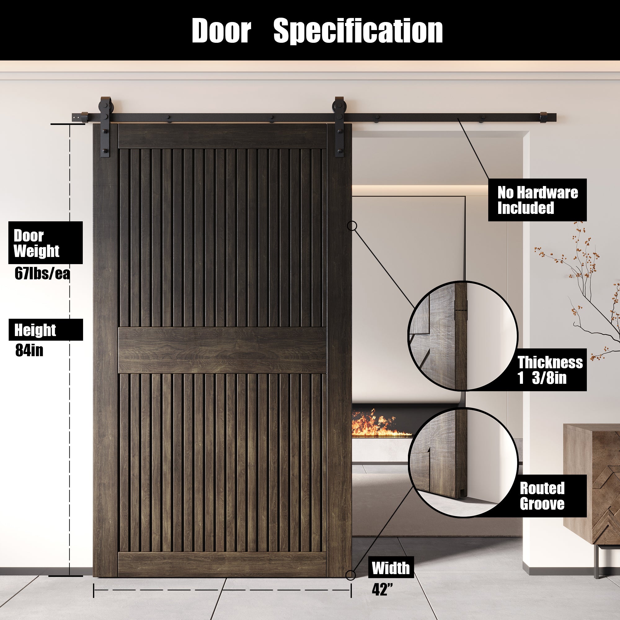 84" Height Ebony Vertical Stripe Design Unassembled & Finished Pine Wood Barn Door (Interior Use Only)