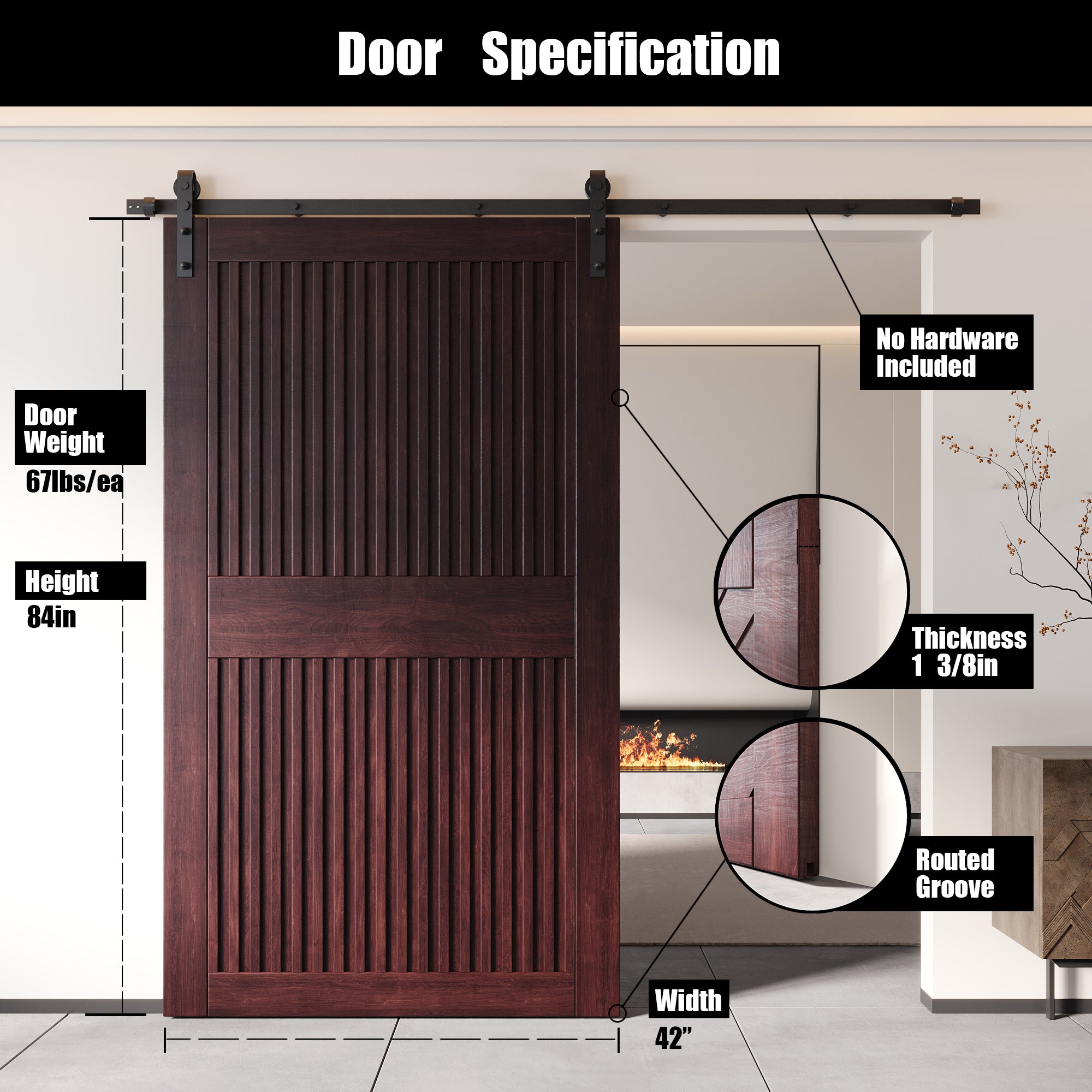 84" Height Red Mahogany Vertical Stripe Design Unassembled & Finished Pine Wood Barn Door (Interior Use Only)