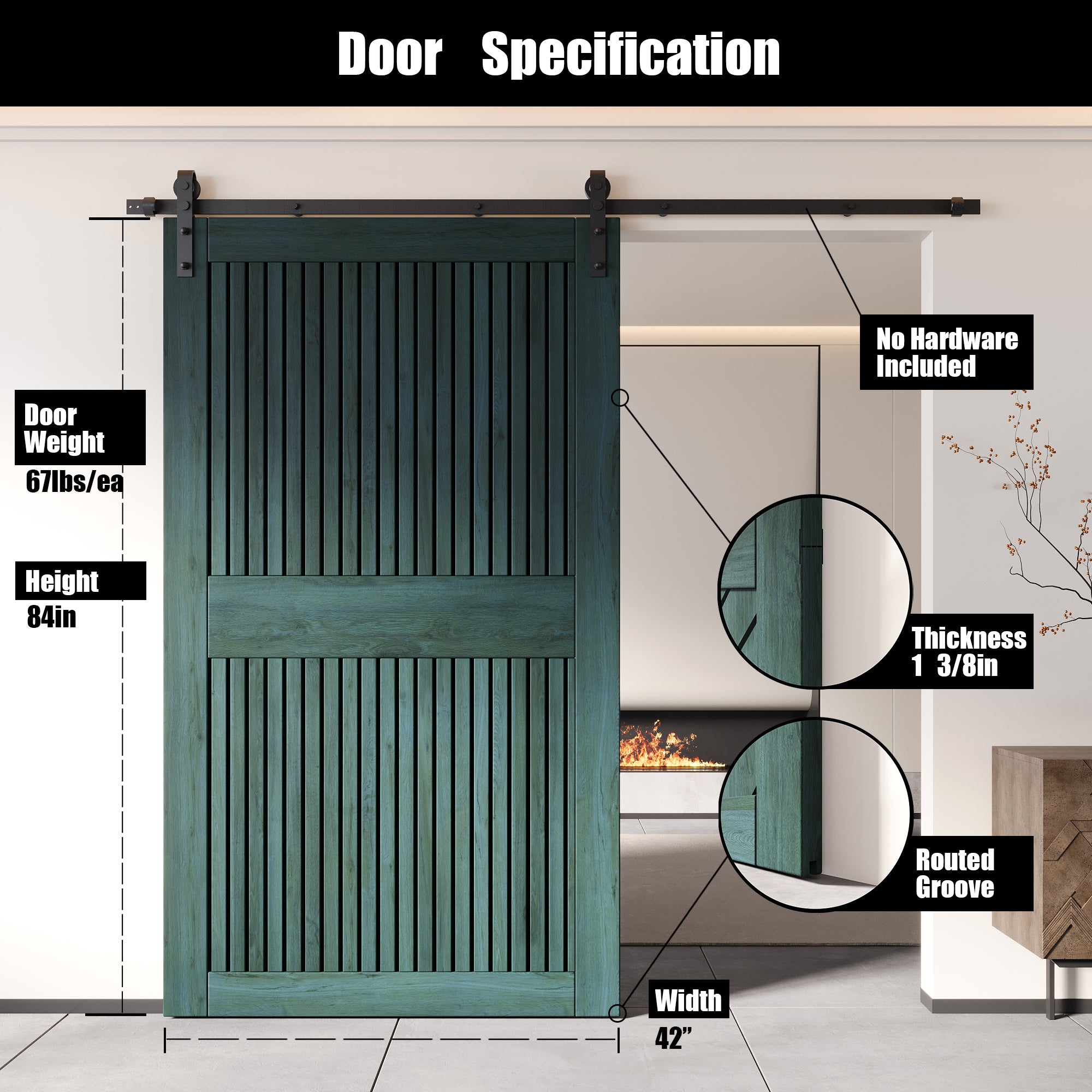 84" Height Royal Pine Vertical Stripe Design Unassembled & Finished Pine Wood Barn Door (Interior Use Only)