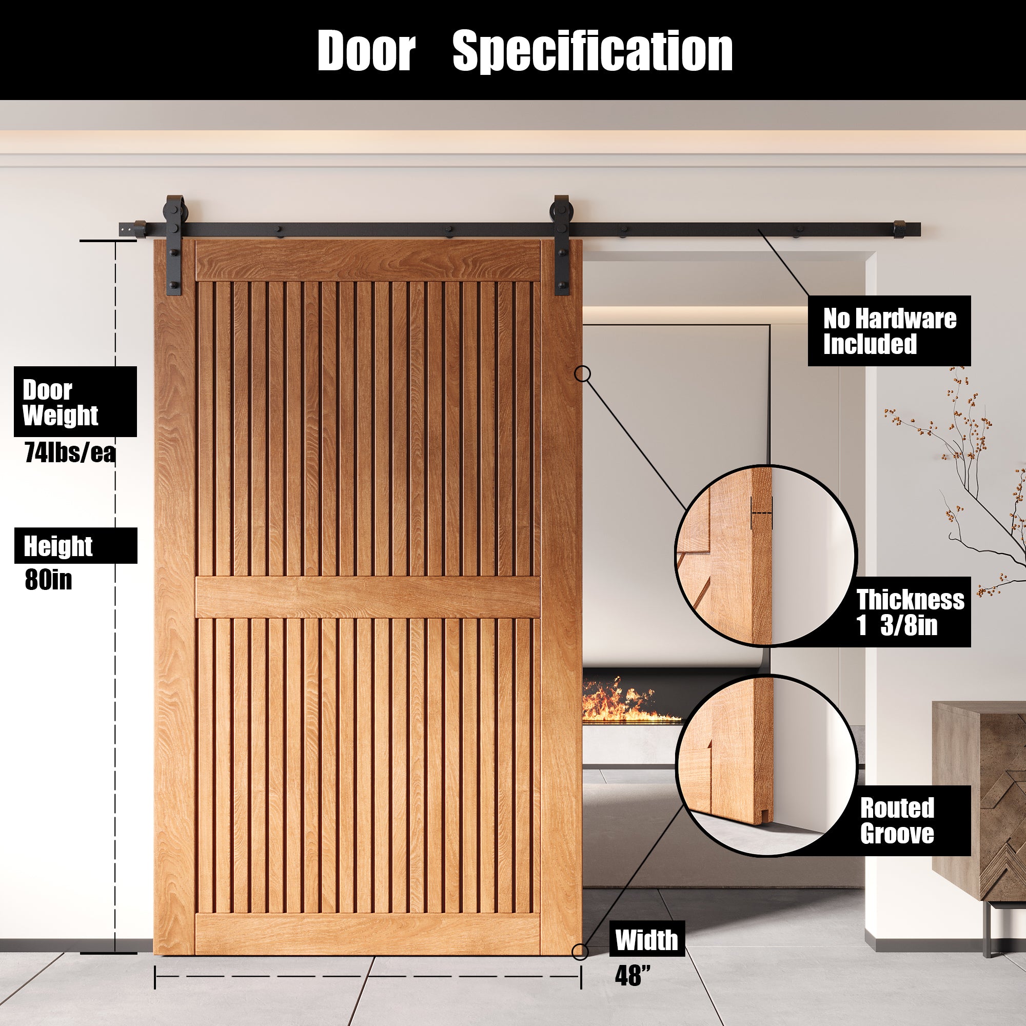 80" Height Early American Vertical Stripe Design Unassembled & Finished Pine Wood Barn Door (Interior Use Only)