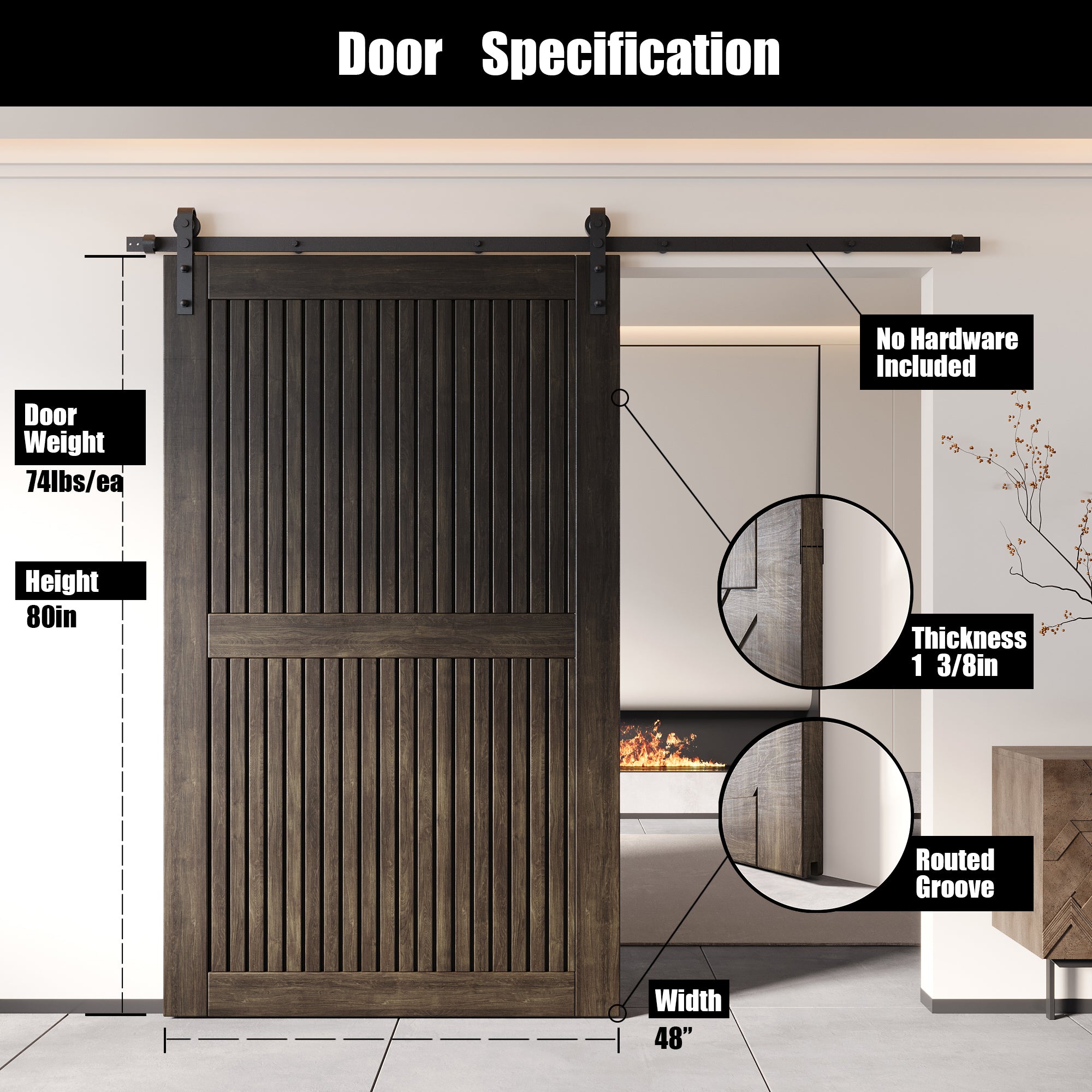 80" Height Ebony Vertical Stripe Design Unassembled & Finished Pine Wood Barn Door (Interior Use Only)
