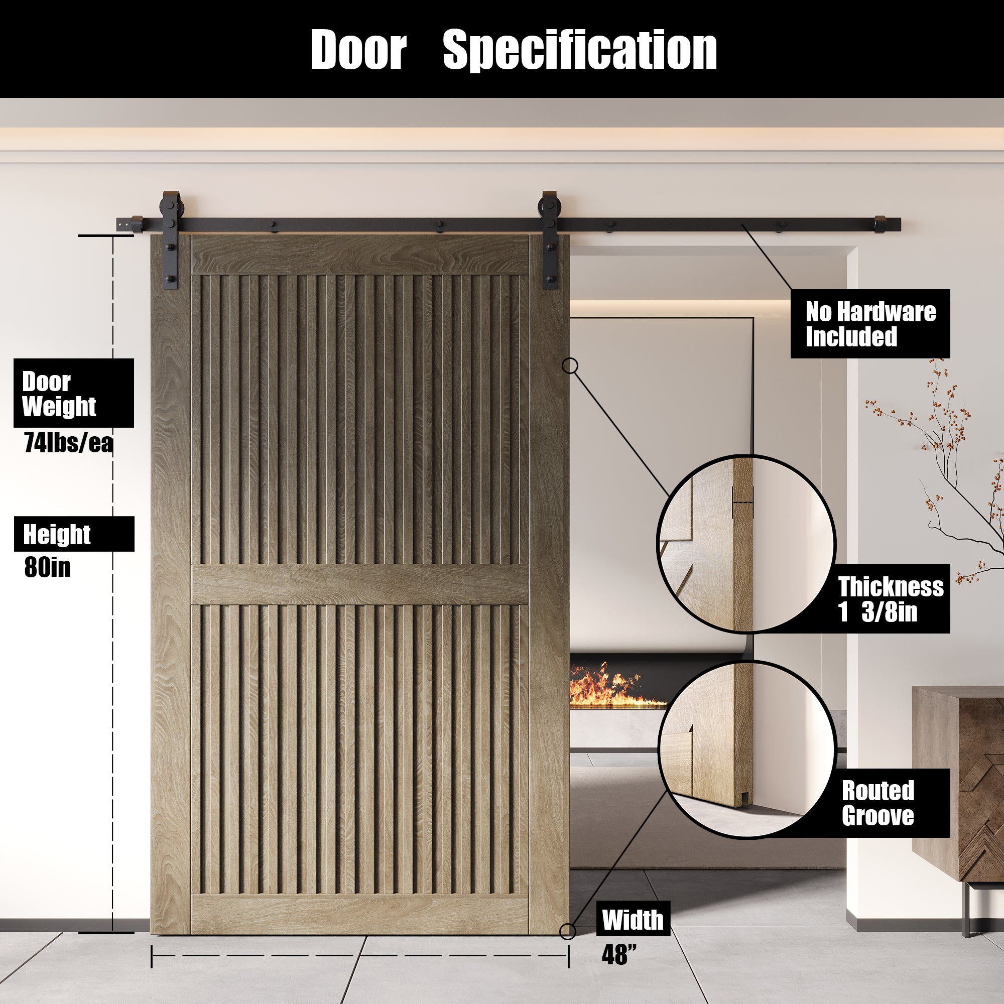 80" Height Classic Gray Vertical Stripe Design Unassembled & Finished Pine Wood Barn Door (Interior Use Only)