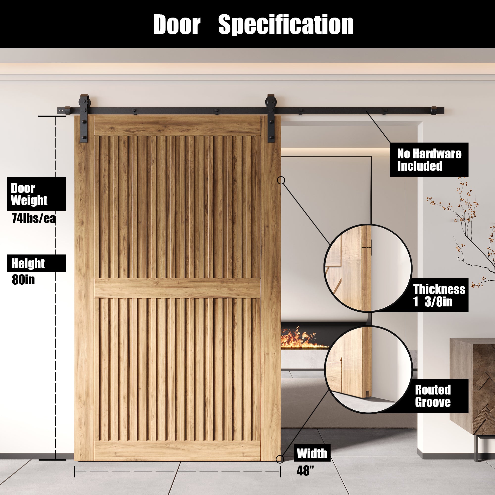 80" Height Vertical Stripe Design Unassembled & Unfinished Pine Wood Barn Door (Interior Use Only)