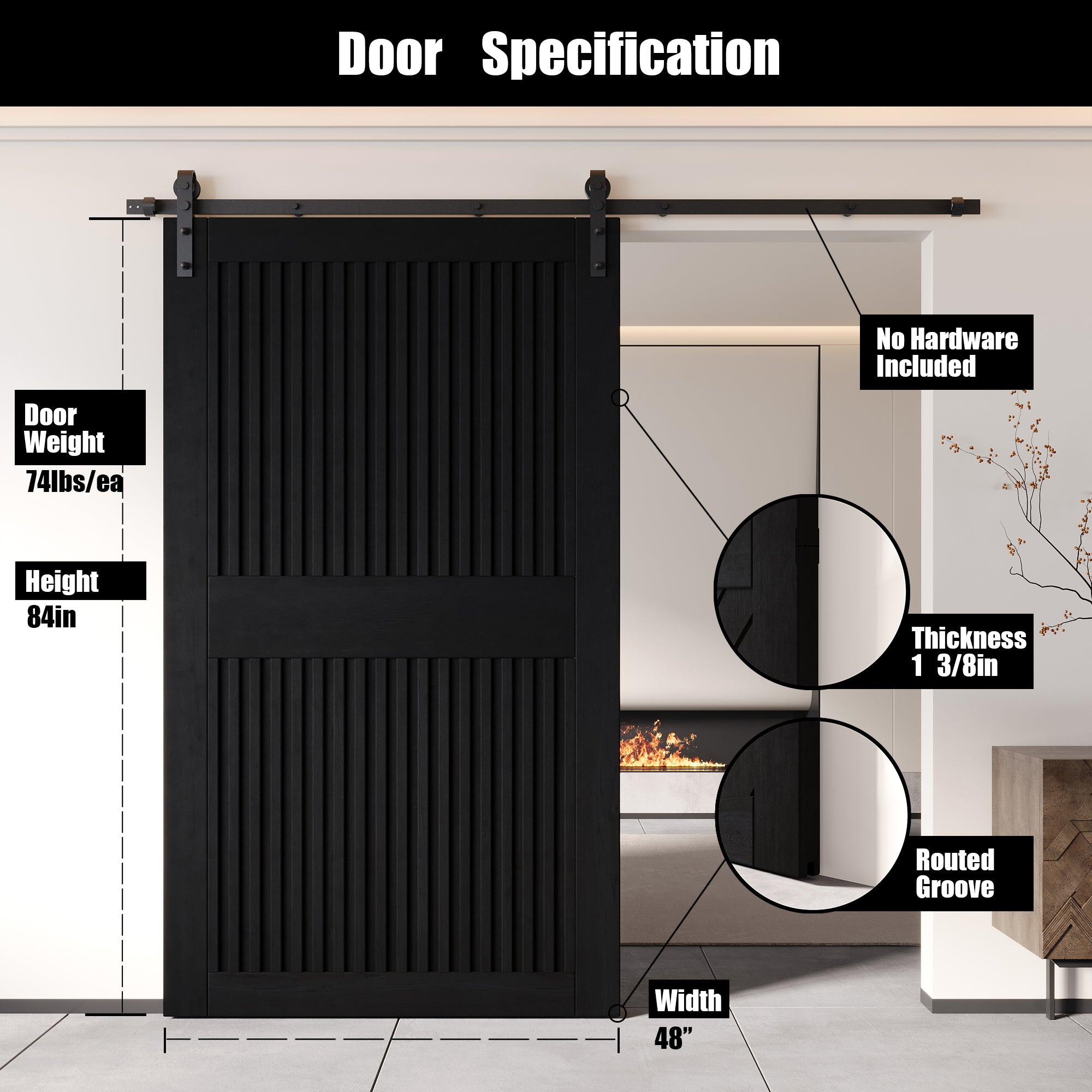 84" Height Black Vertical Stripe Design Unassembled & Finished Pine Wood Barn Door (Interior Use Only)