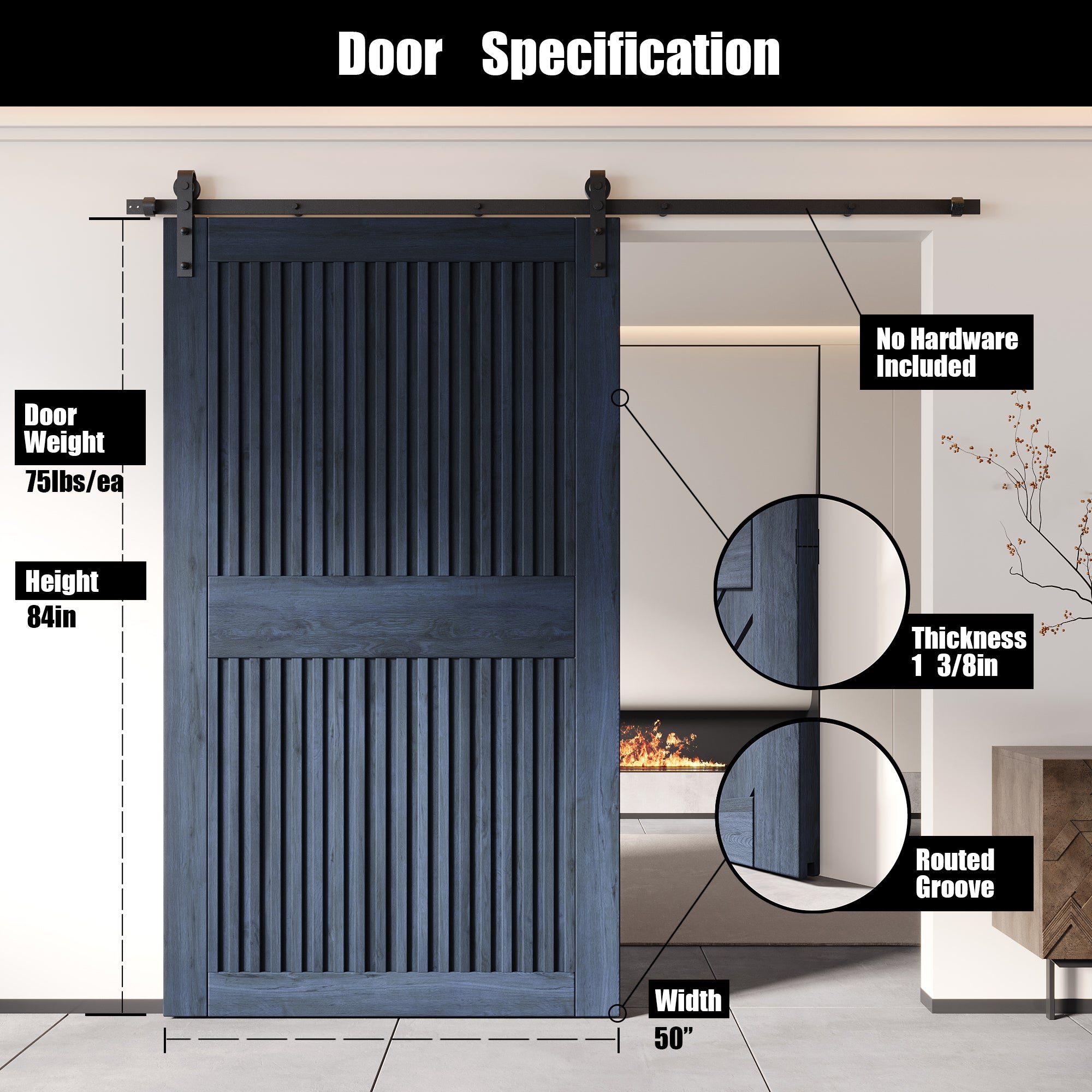 84" Height Navy Vertical Stripe Design Unassembled & Finished Pine Wood Barn Door (Interior Use Only)