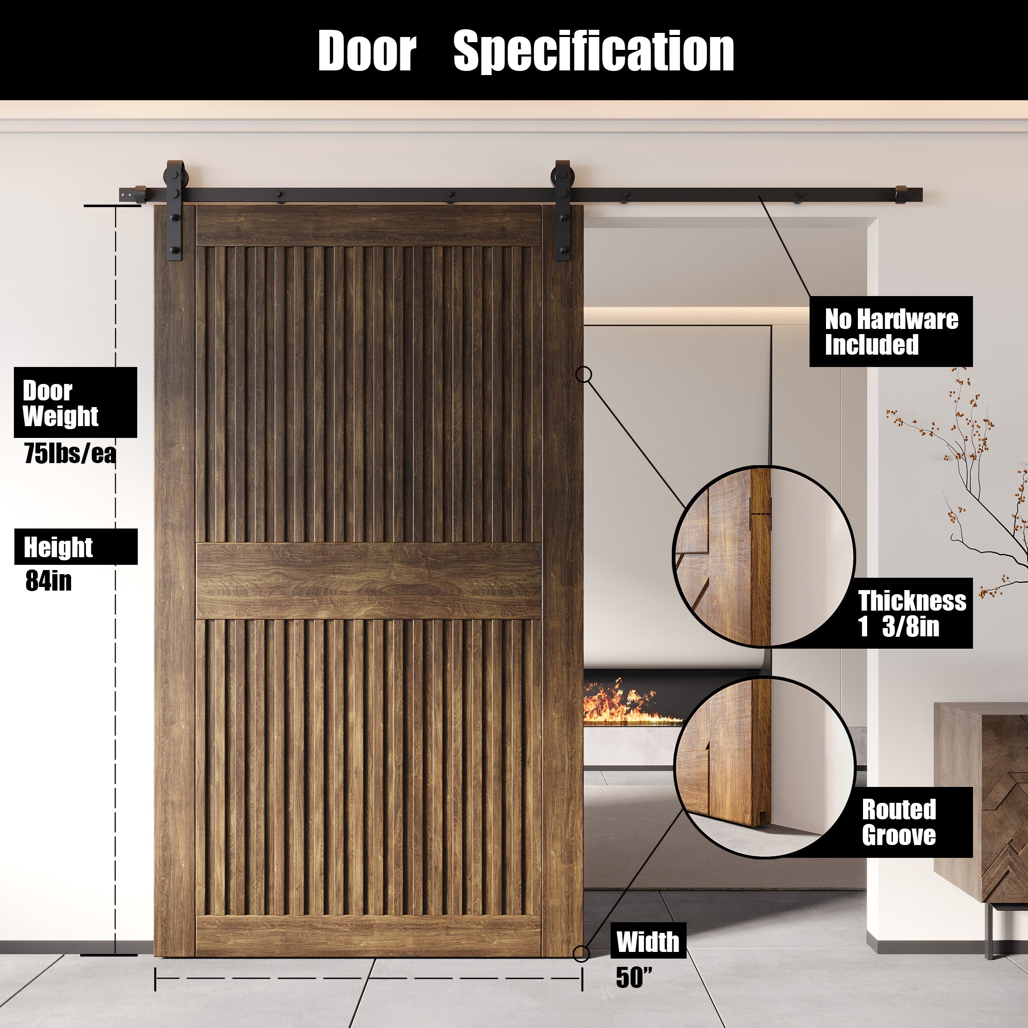 84" Height Dark Walnut Vertical Stripe Design Unassembled & Finished Pine Wood Barn Door (Interior Use Only)