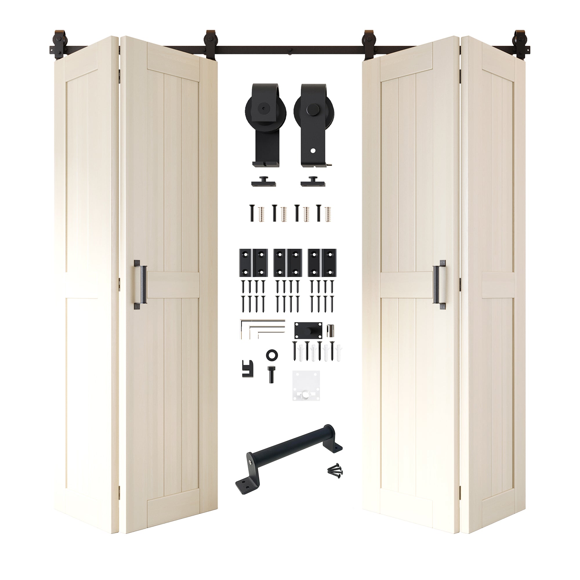 5-in-1 84in Tinsmith Gray Finished Barn Door with Bi-Fold Top Mount Hardware 4 Door Kit - T-shape Roller
