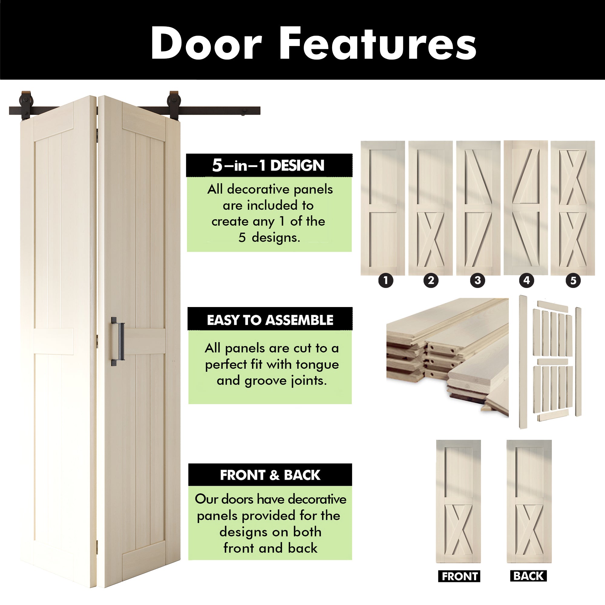 5-in-1 84in Tinsmith Gray Finished Barn Door with Bi-Fold Top Mount Hardware Kit - T-shape Roller