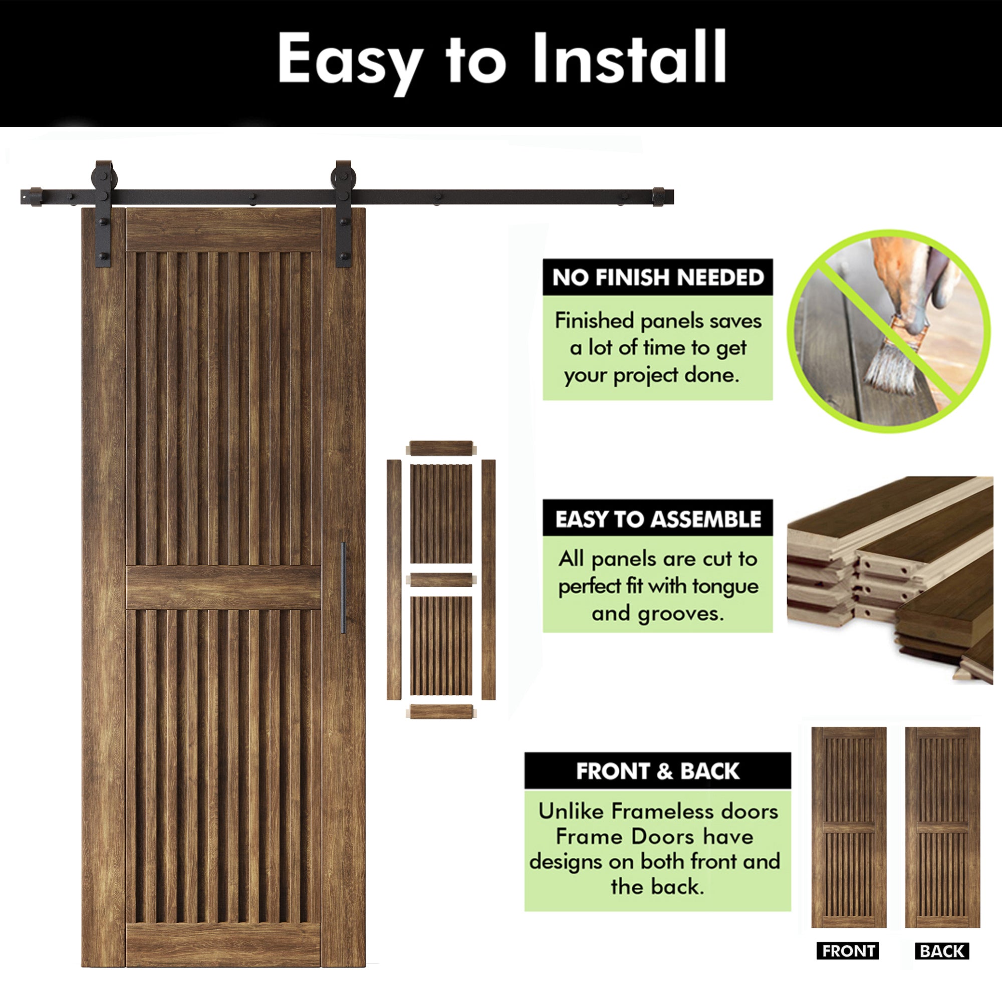 80" Height Dark Walnut Vertical Stripe Design Unassembled & Finished Double Pine Wood Barn Door with Non-Bypass Installation Hardware Kit(Interior Use Only)