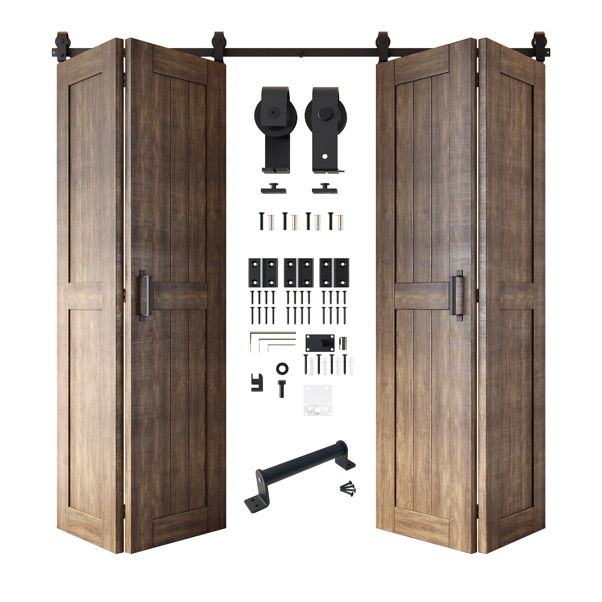 5-in-1 84in Dark Walnut Finished Barn Door with Bi-Fold Top Mount Hardware 4 Door Kit - T-shape Roller