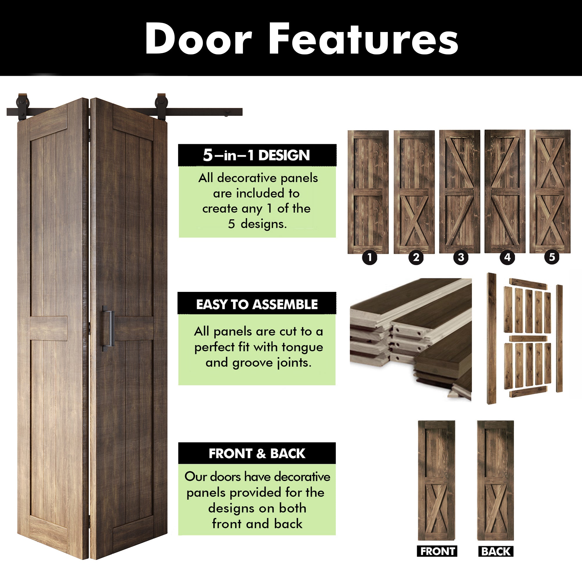 5-in-1 80in Dark Walnut Finished Barn Door with Bi-Fold Top Mount Hardware Kit - T-shape Roller
