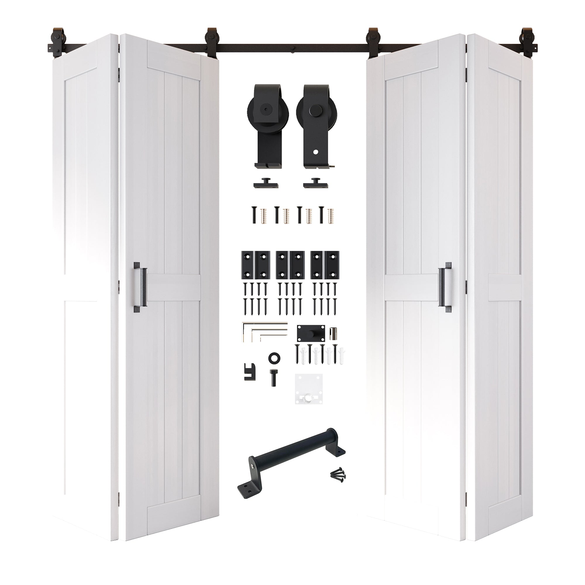 5-in-1 80in White Finished Barn Door with Bi-Fold Top Mount Hardware 4 Door Kit - T-shape Roller
