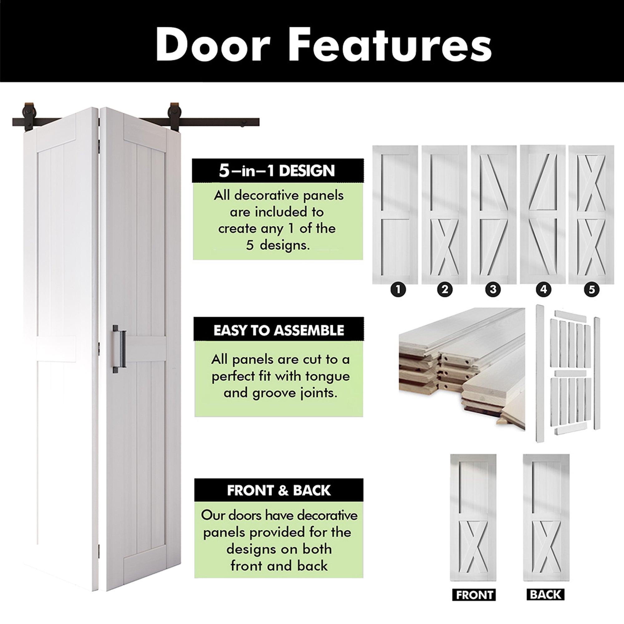 5-in-1 84in White Finished Barn Door with Bi-Fold Top Mount Hardware Kit - T-shape Roller