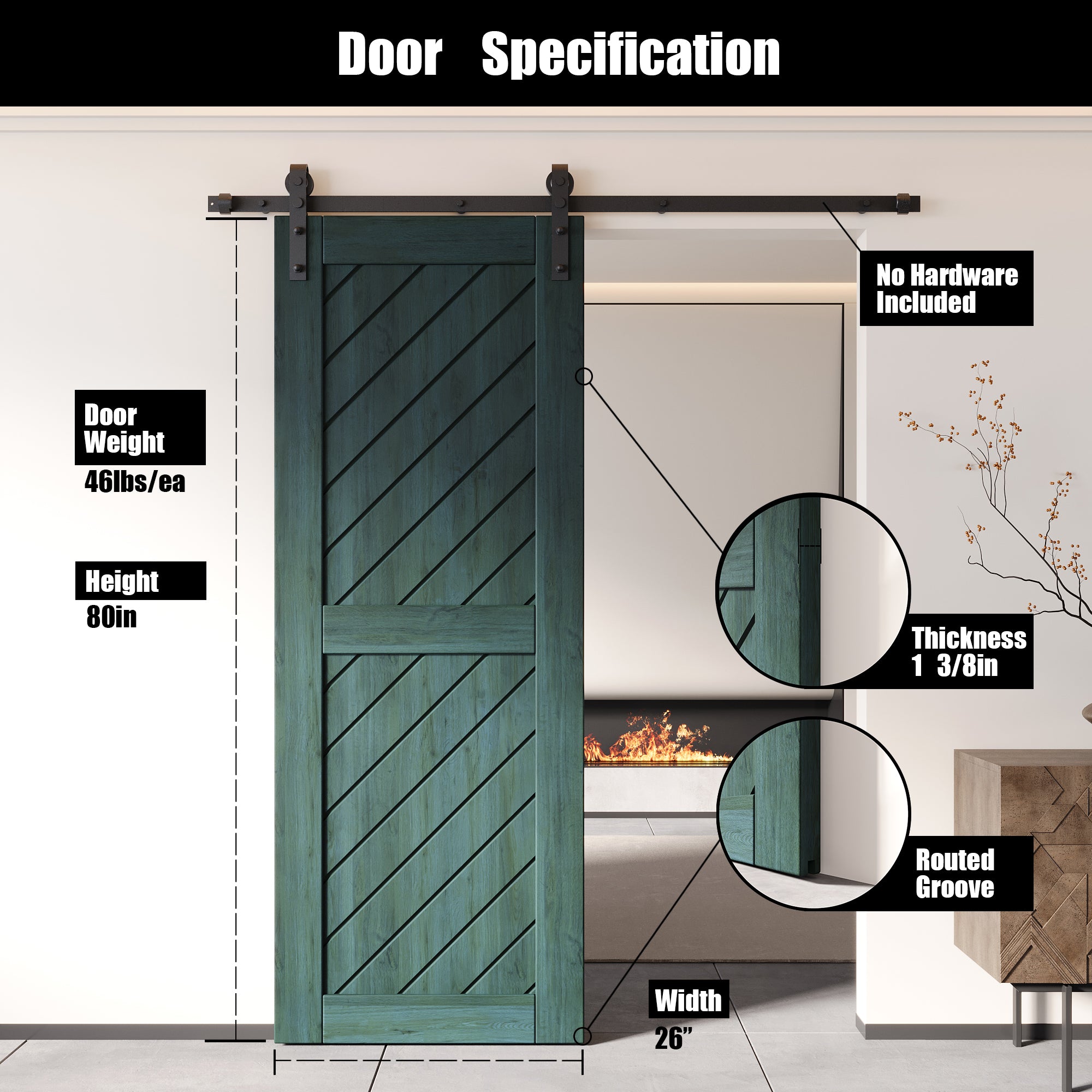 80" Height Royal Pine Slanted Stripe Design Unassembled & Finished Pine Wood Barn Door (Interior Use Only)