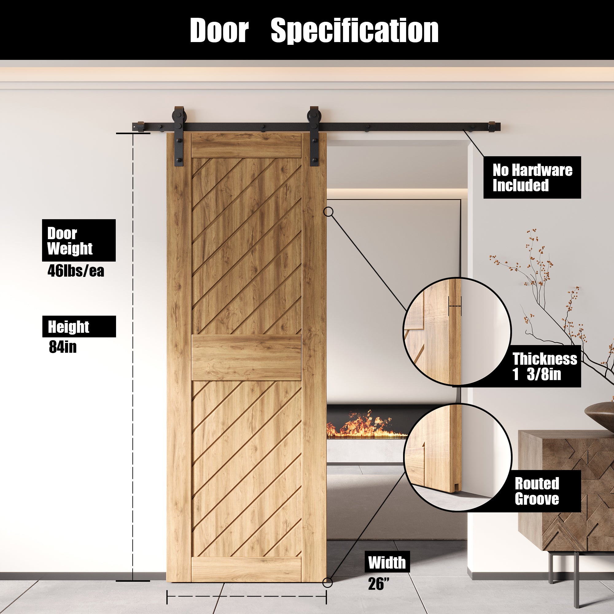 84" Height Unassembled & Unfinished Slanted Stripe Design Pine Wood Barn Door (Interior Use Only)