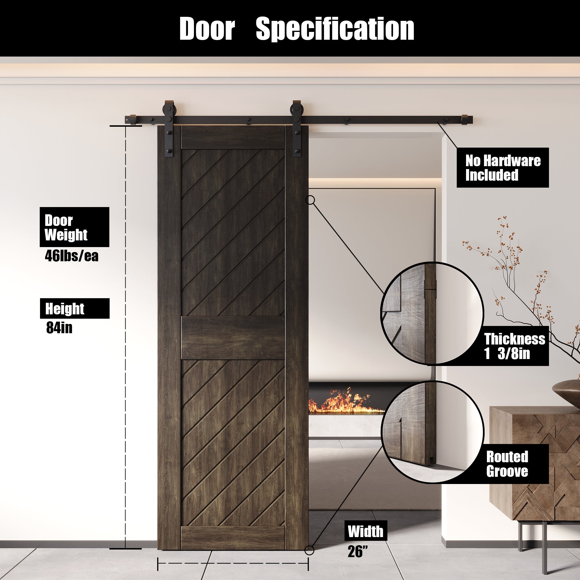 84" Height Ebony Slanted Stripe Design Unassembled & Finished Pine Wood Barn Door (Interior Use Only)