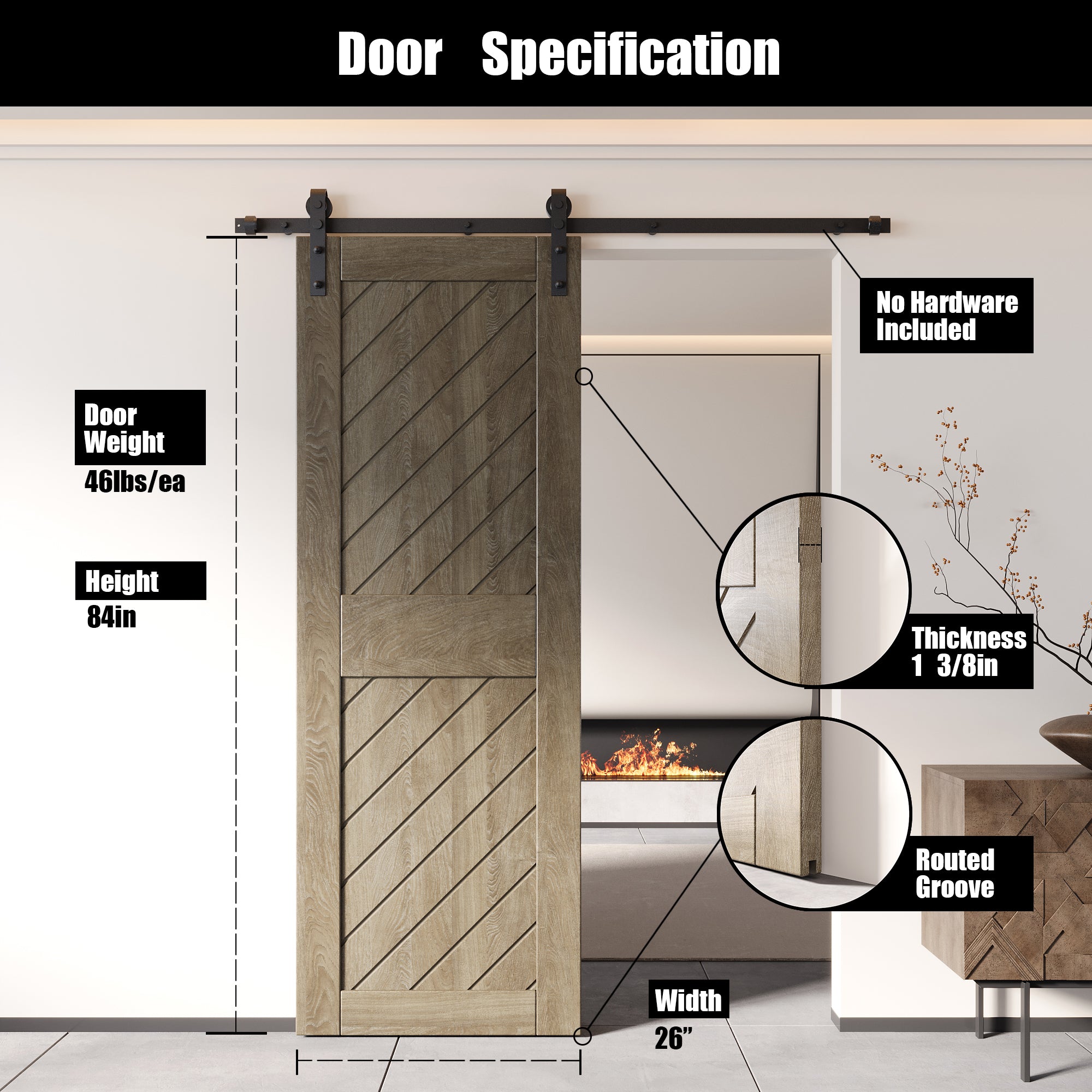84" Height Classic Gray Slanted Stripe Design Unassembled & Finished Pine Wood Barn Door (Interior Use Only)