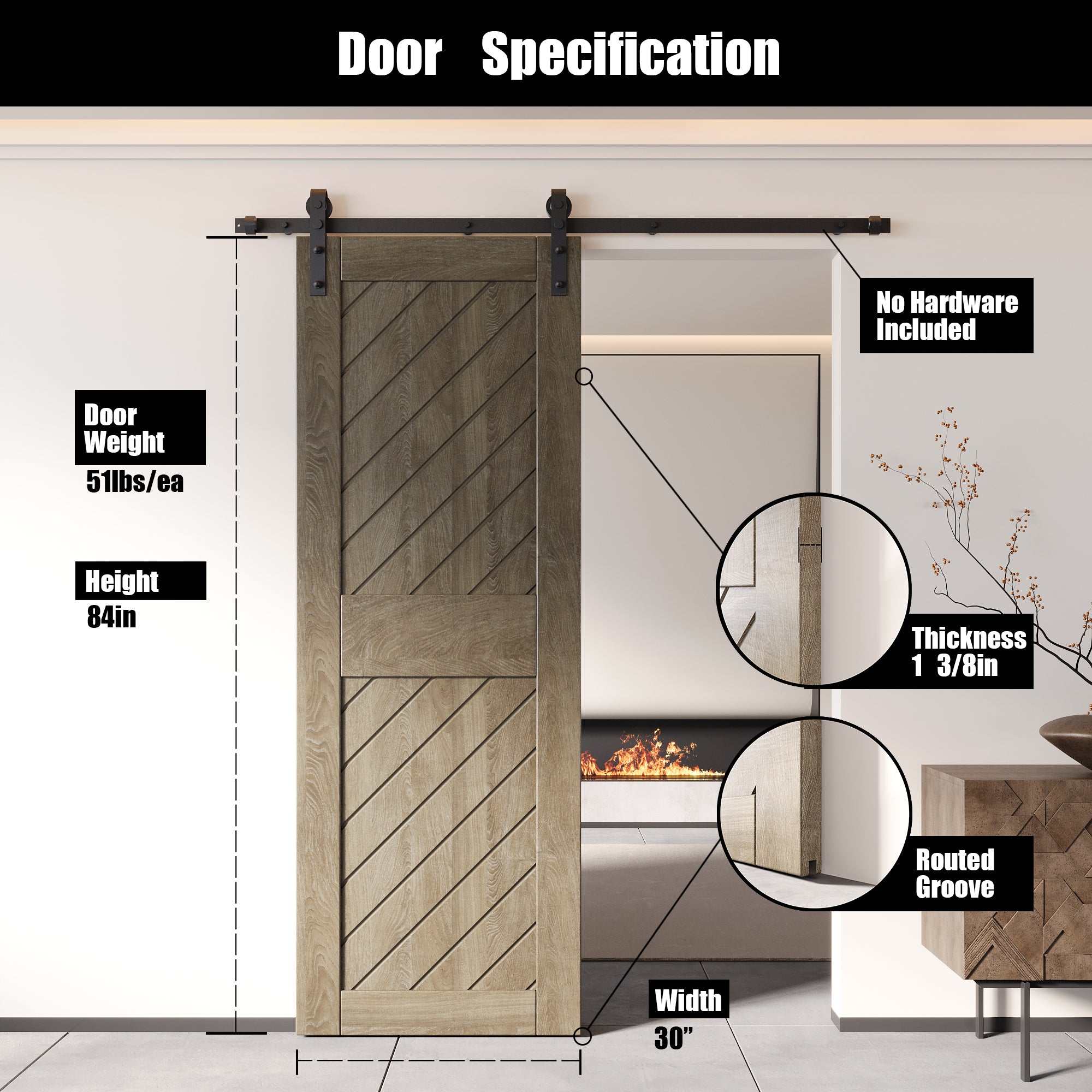 84" Height Classic Gray Slanted Stripe Design Unassembled & Finished Pine Wood Barn Door (Interior Use Only)
