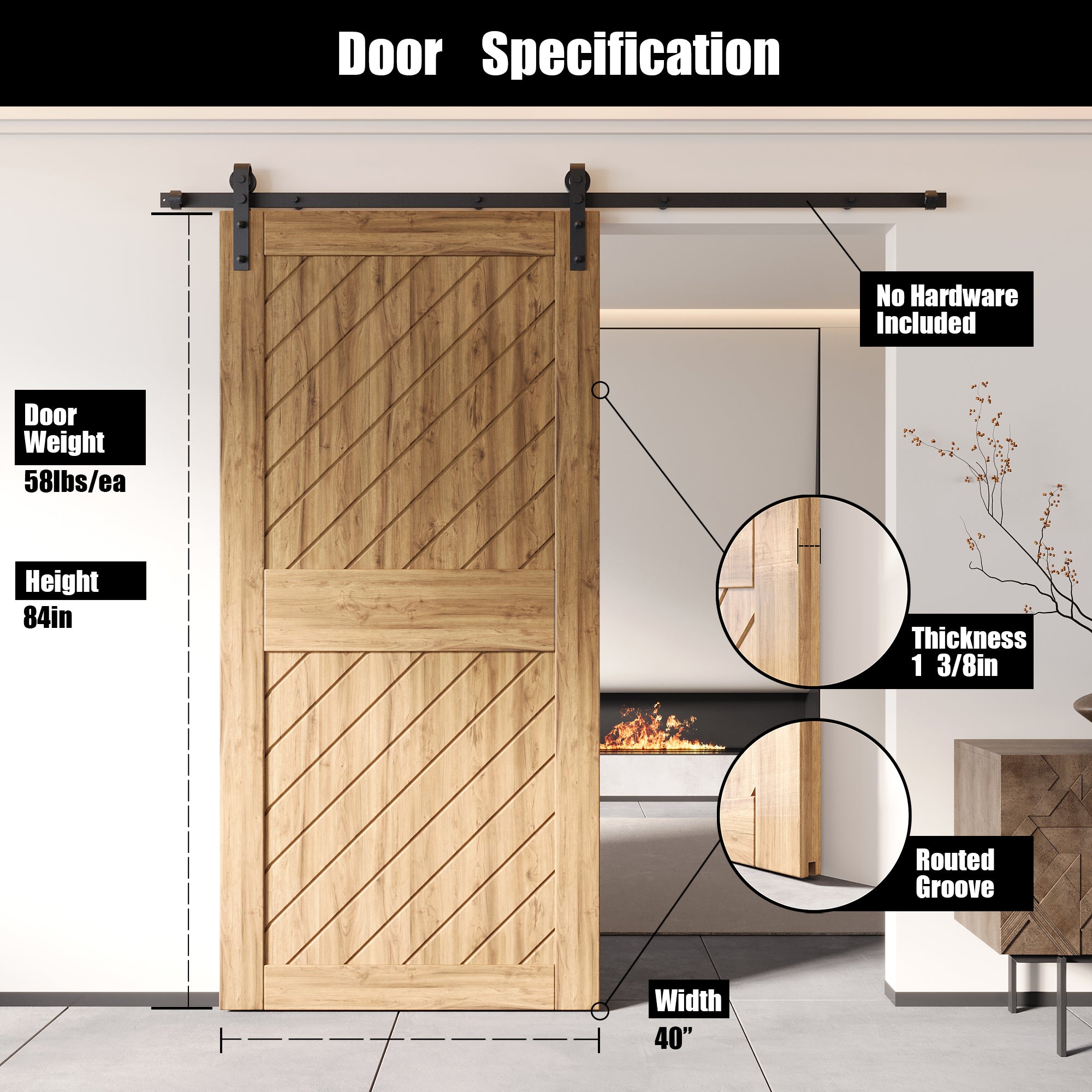 84" Height Unassembled & Unfinished Slanted Stripe Design Pine Wood Barn Door (Interior Use Only)