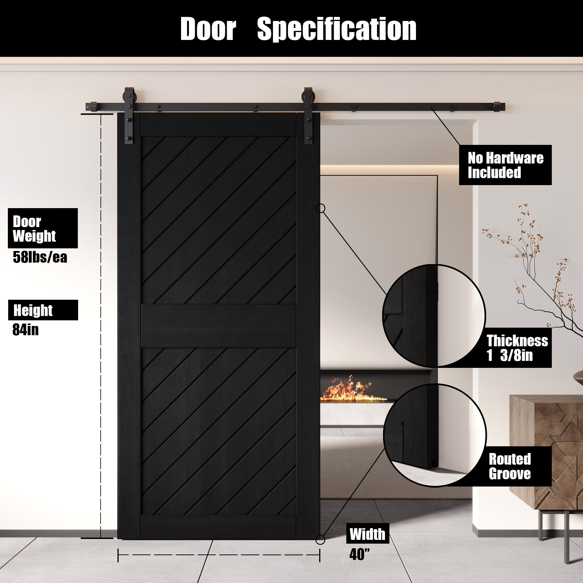 sturdy pine wood barn door with black stripes