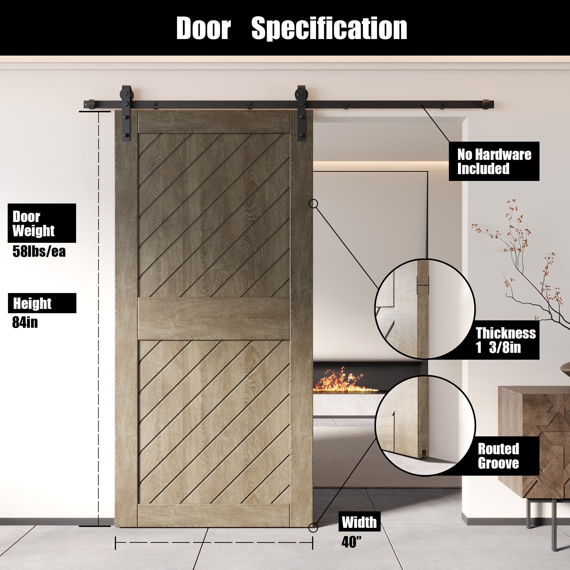 84" Height Classic Gray Slanted Stripe Design Unassembled & Finished Pine Wood Barn Door (Interior Use Only)
