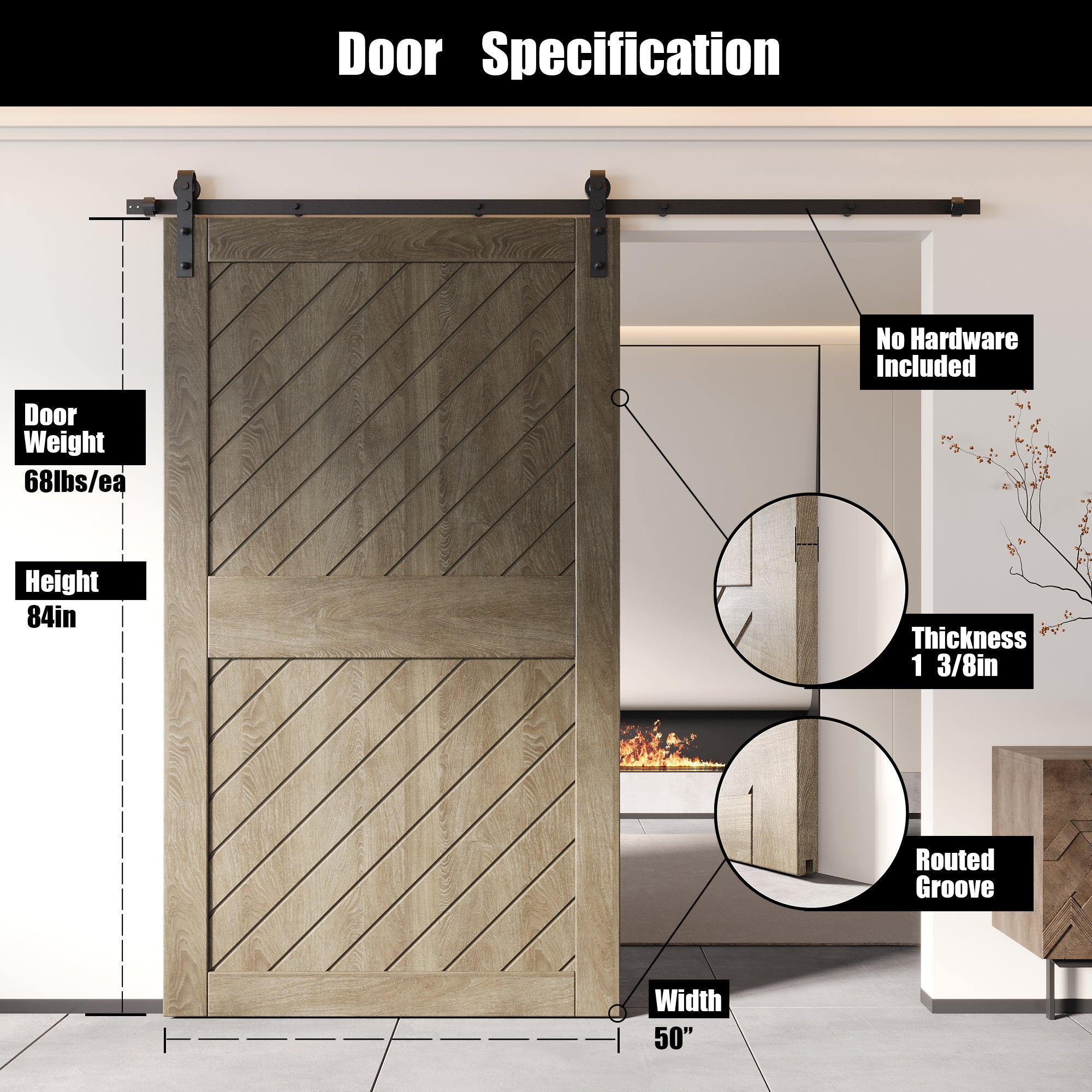 84" Height Classic Gray Slanted Stripe Design Unassembled & Finished Pine Wood Barn Door (Interior Use Only)